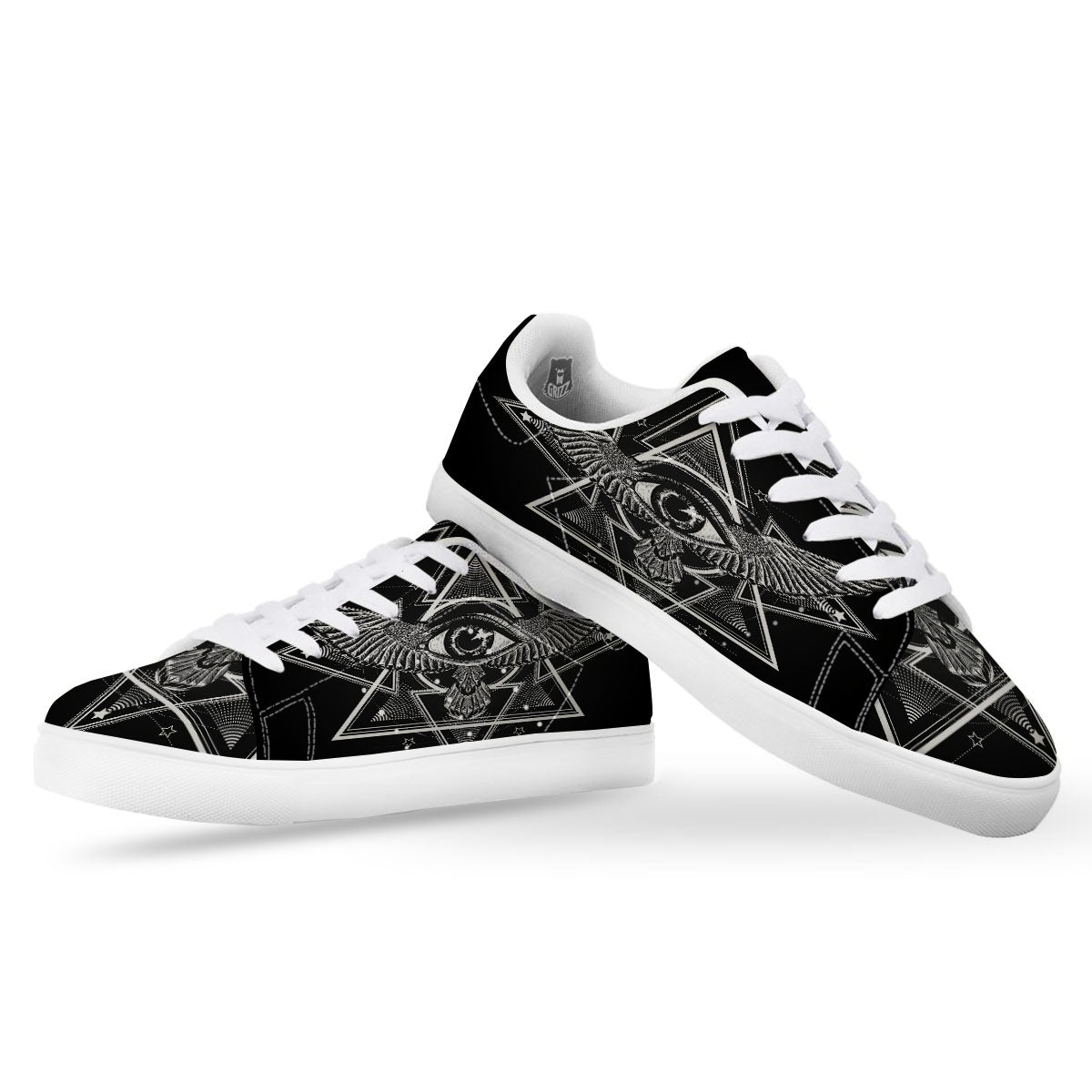 All Seeing Eye Black And Silver Print White Low Top Sneakers-grizzshop
