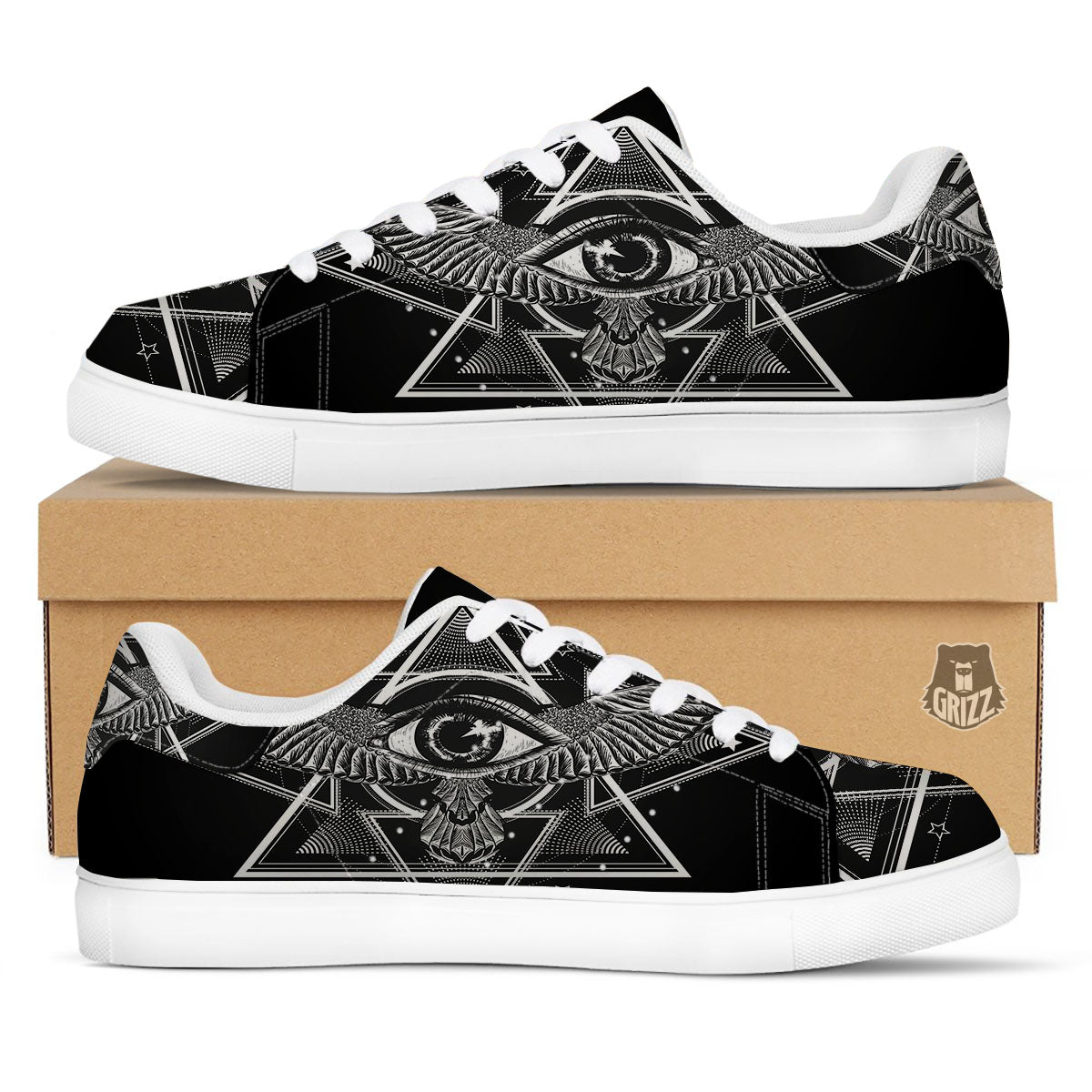 All Seeing Eye Black And Silver Print White Low Top Sneakers-grizzshop