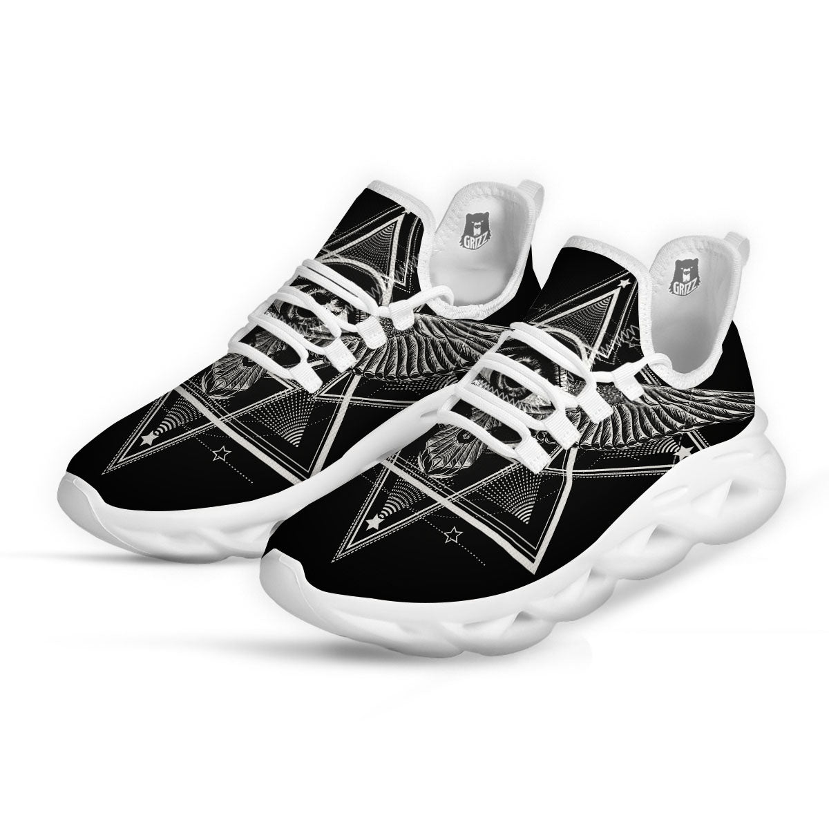 All Seeing Eye Black And Silver Print White Running Shoes-grizzshop
