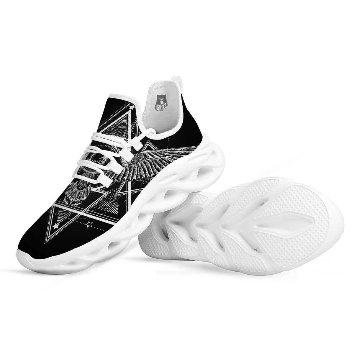 All Seeing Eye Black And Silver Print White Running Shoes-grizzshop