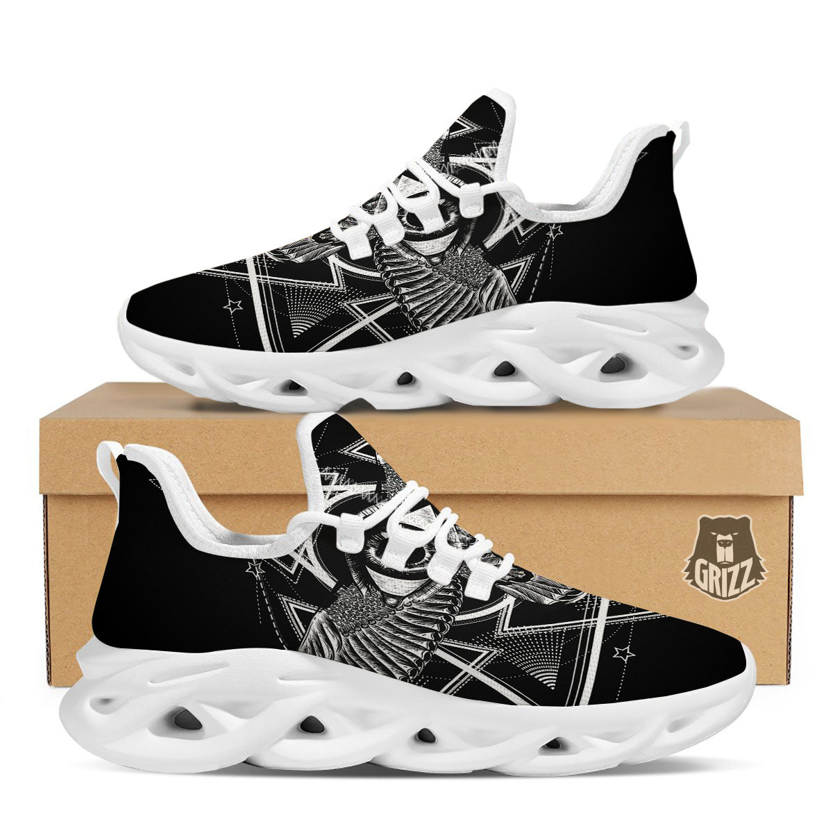 All Seeing Eye Black And Silver Print White Running Shoes-grizzshop
