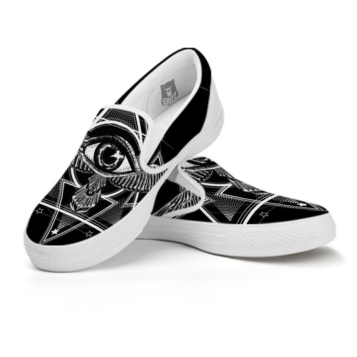 All Seeing Eye Black And Silver Print White Slip On Shoes-grizzshop