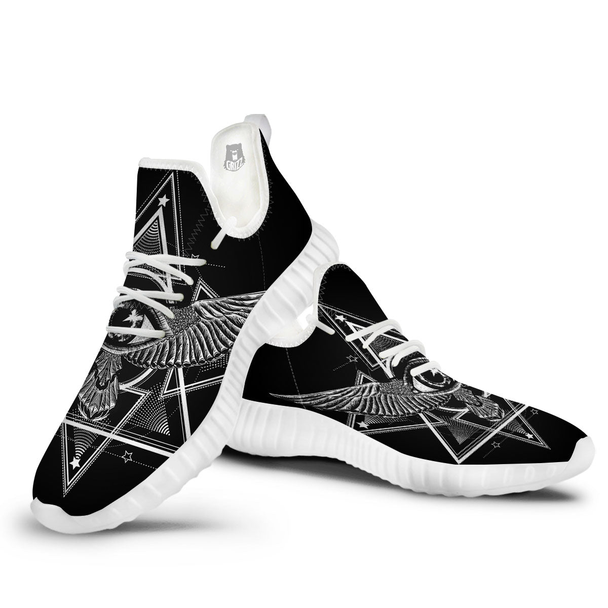 All Seeing Eye Black And Silver Print White Walking Shoes-grizzshop