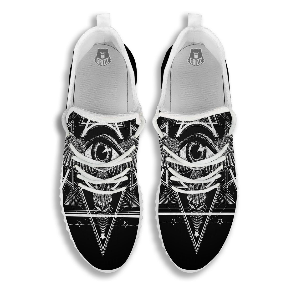 All Seeing Eye Black And Silver Print White Walking Shoes-grizzshop