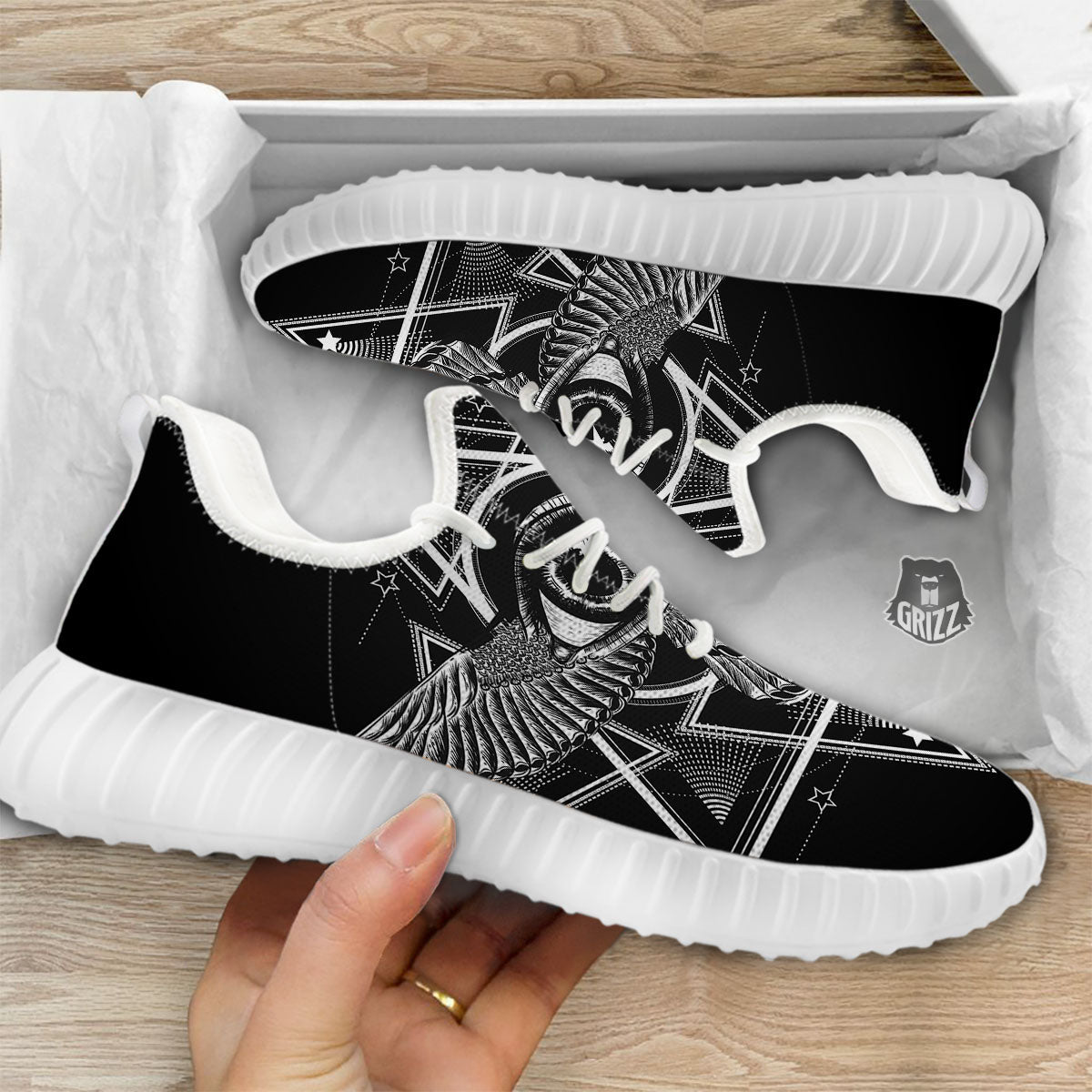 All Seeing Eye Black And Silver Print White Walking Shoes-grizzshop