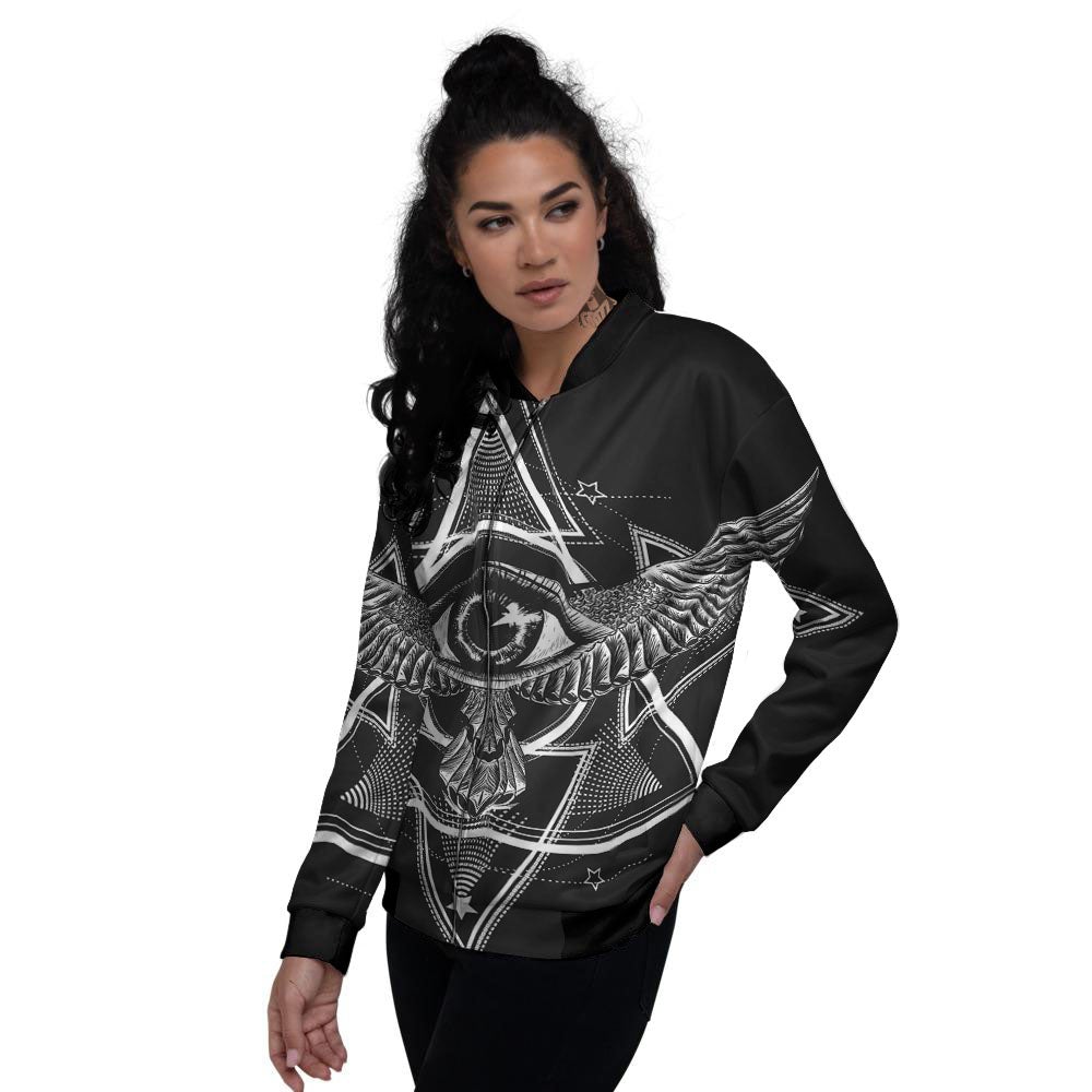 All Seeing Eye Black And Silver Print Women's Bomber Jacket-grizzshop