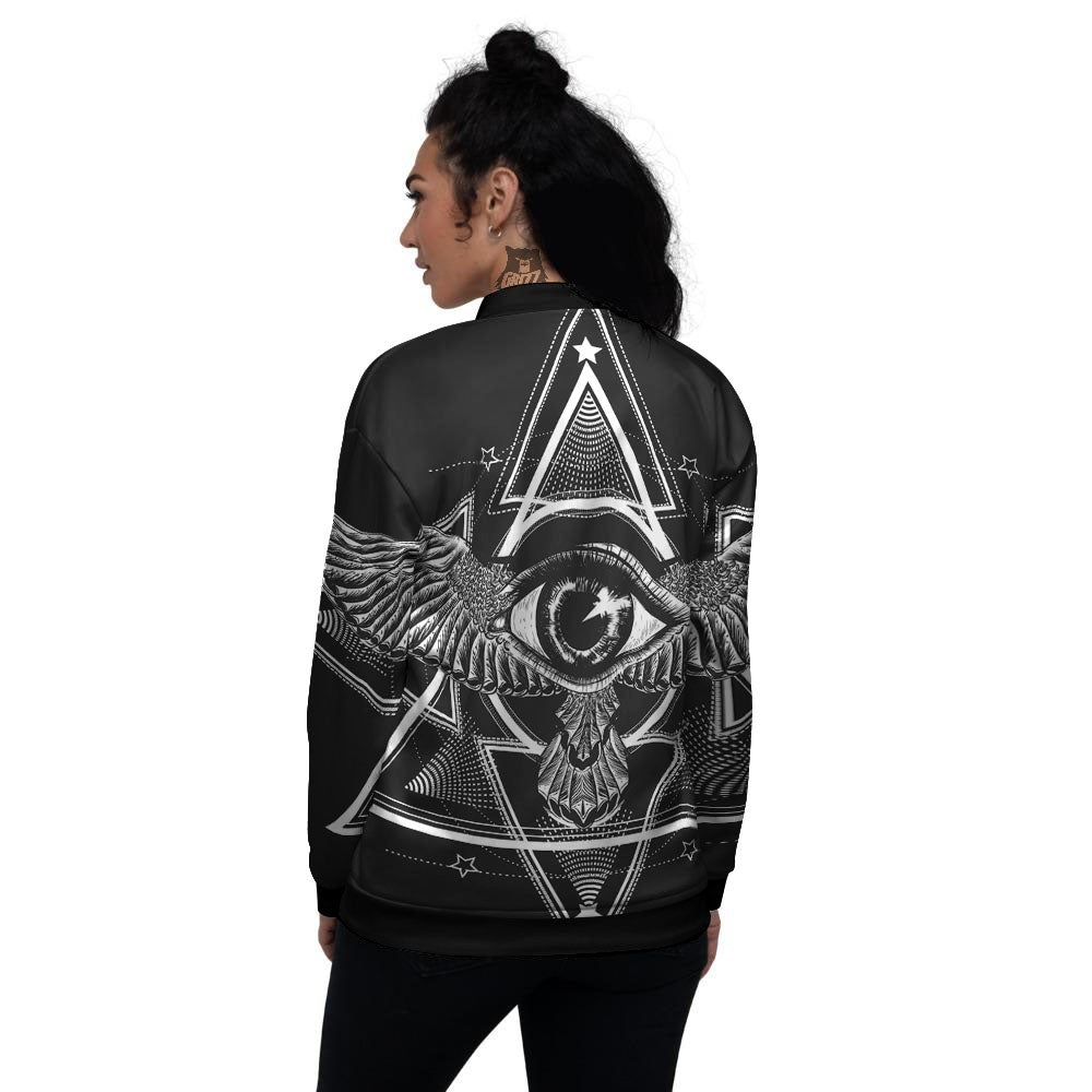 All Seeing Eye Black And Silver Print Women's Bomber Jacket-grizzshop