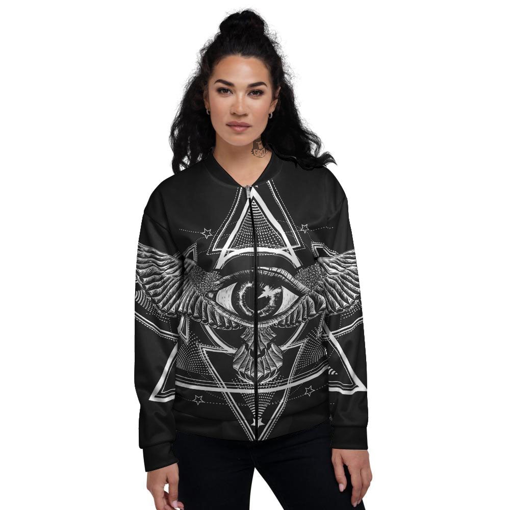 All Seeing Eye Black And Silver Print Women's Bomber Jacket-grizzshop