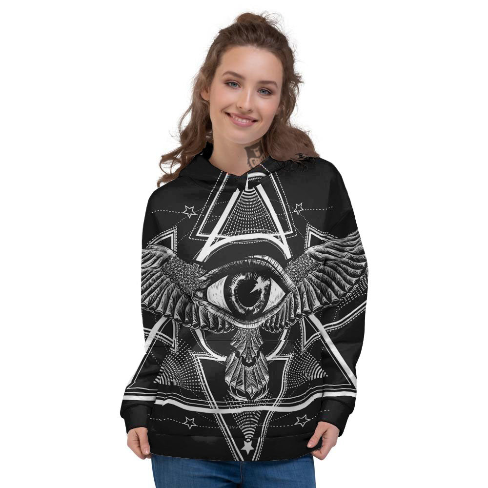 All Seeing Eye Black And Silver Print Women's Hoodie-grizzshop