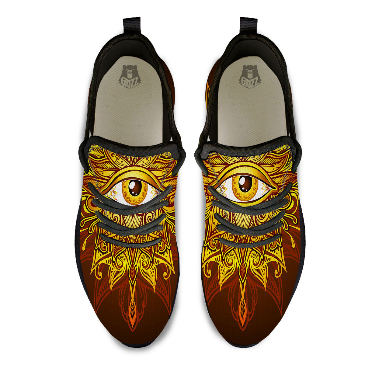 All Seeing Eye Gold Print Black Athletic Shoes-grizzshop