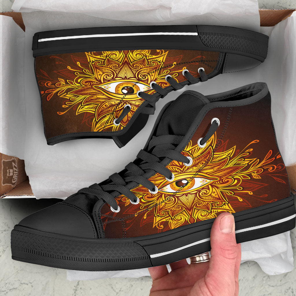 All Seeing Eye Gold Print Black High Top Shoes-grizzshop