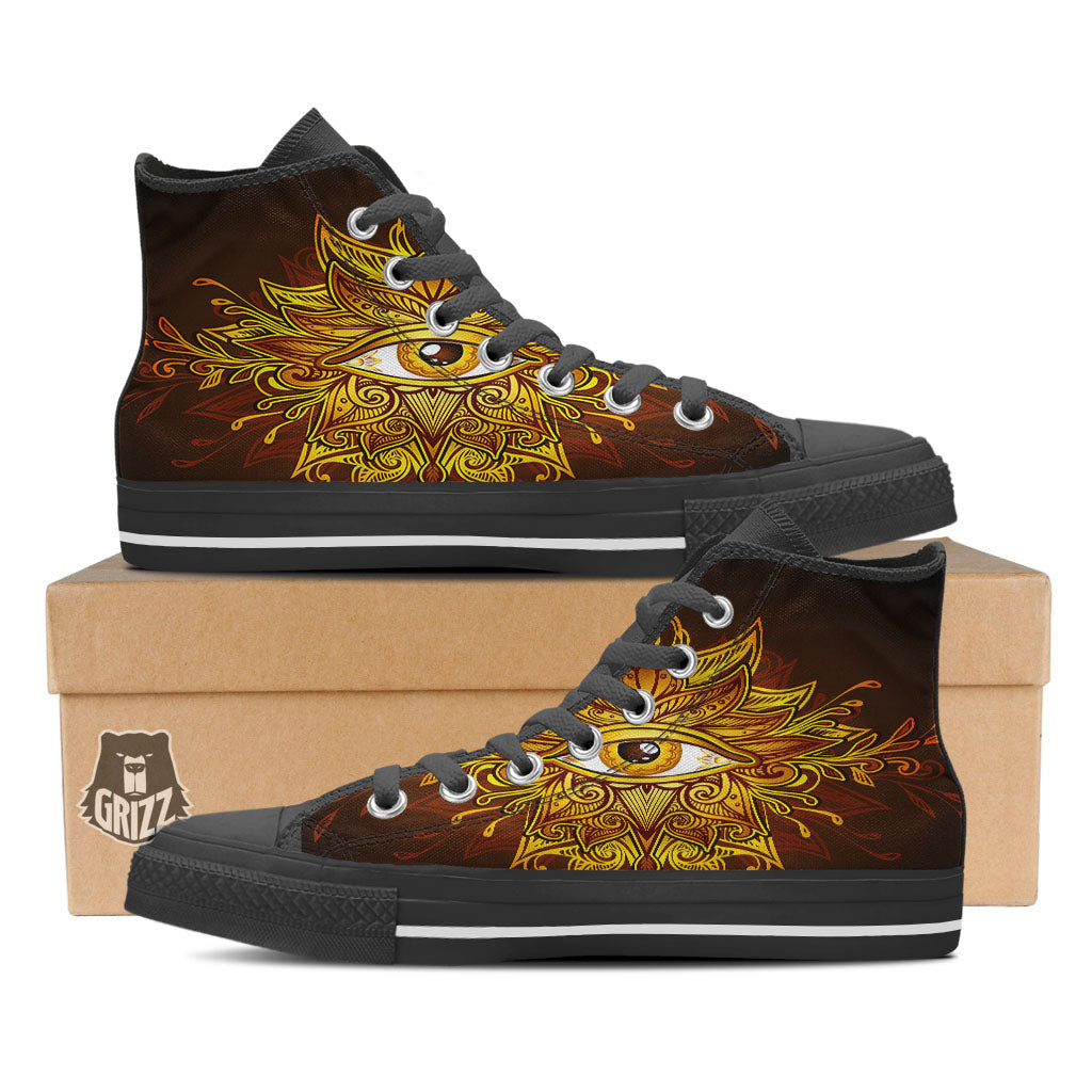 All Seeing Eye Gold Print Black High Top Shoes-grizzshop