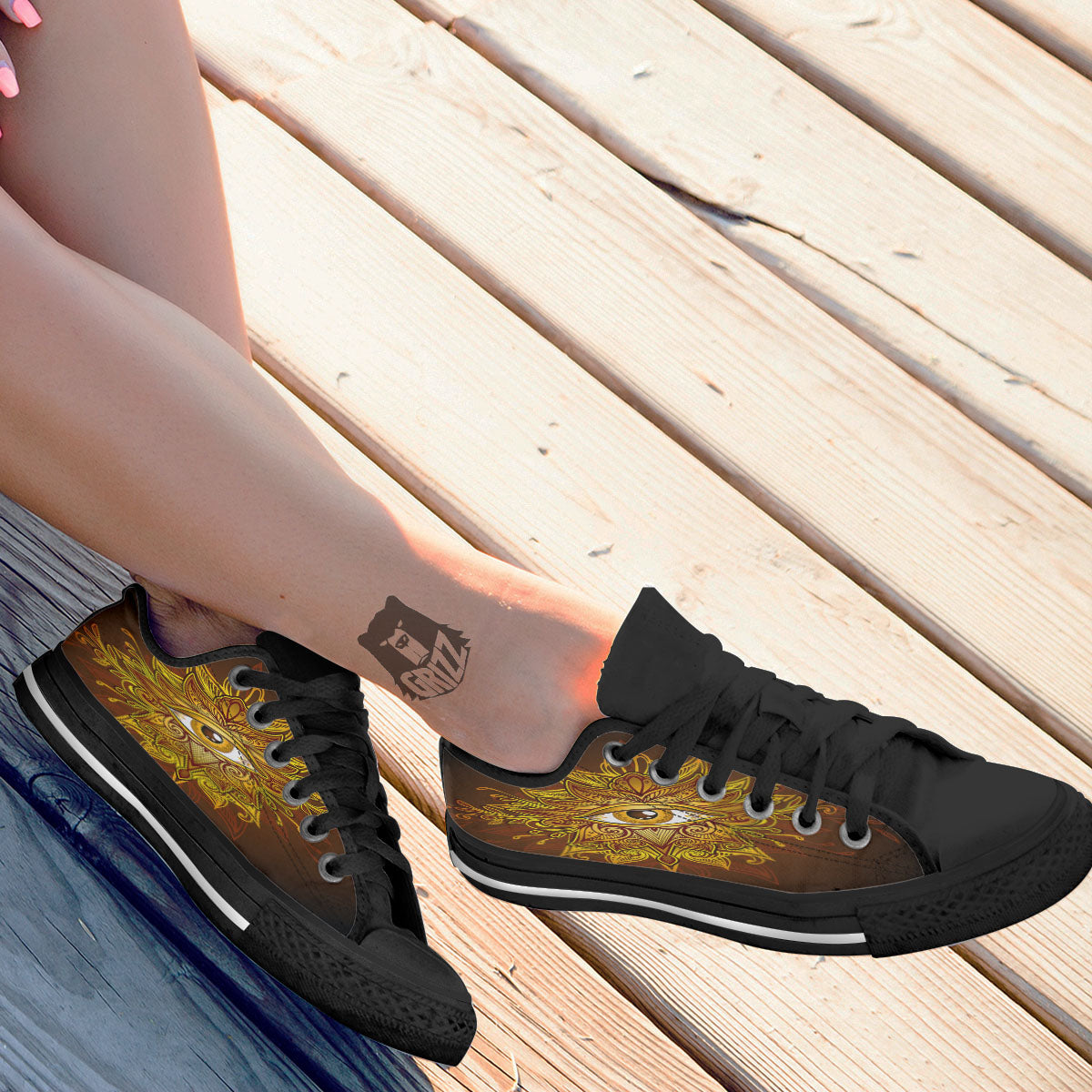 All Seeing Eye Gold Print Black Low Top Shoes-grizzshop
