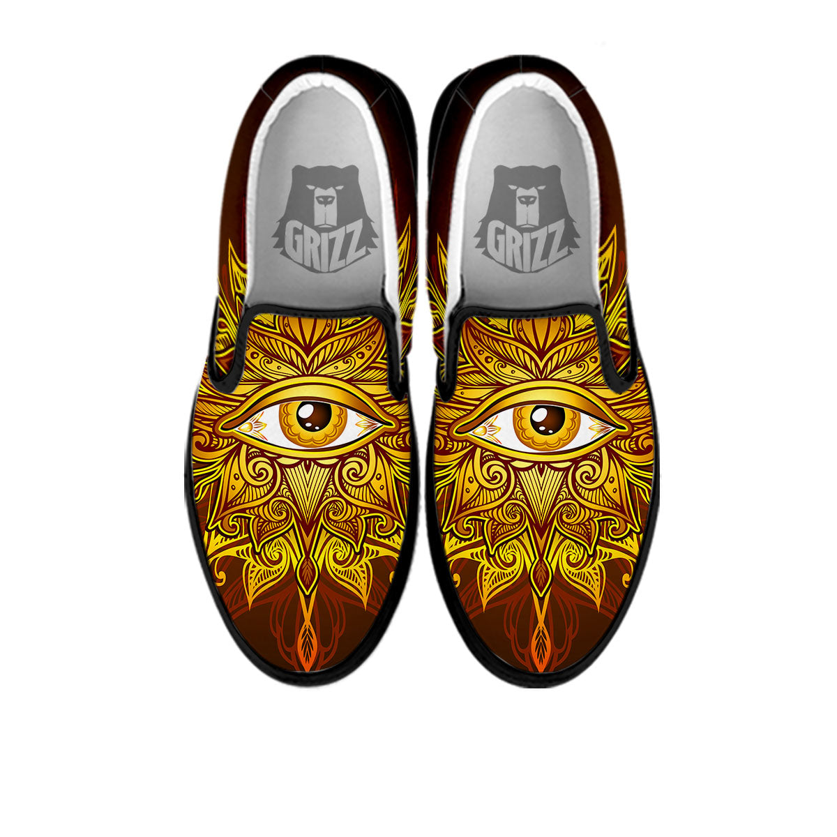 All Seeing Eye Gold Print Black Slip On Shoes-grizzshop