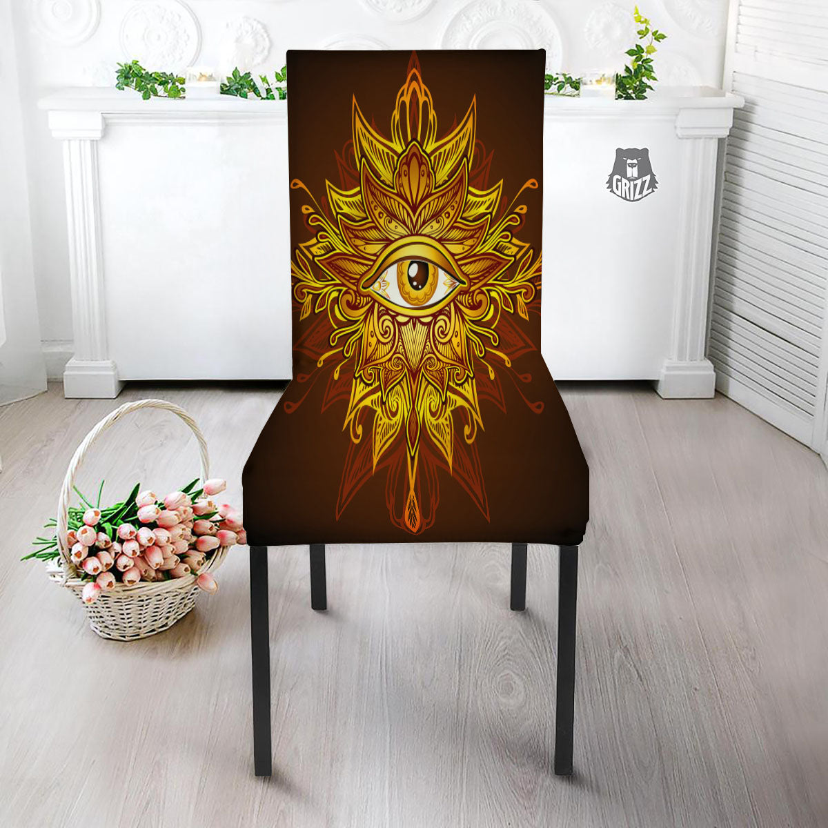 All Seeing Eye Gold Print Dining Chair Slipcover-grizzshop