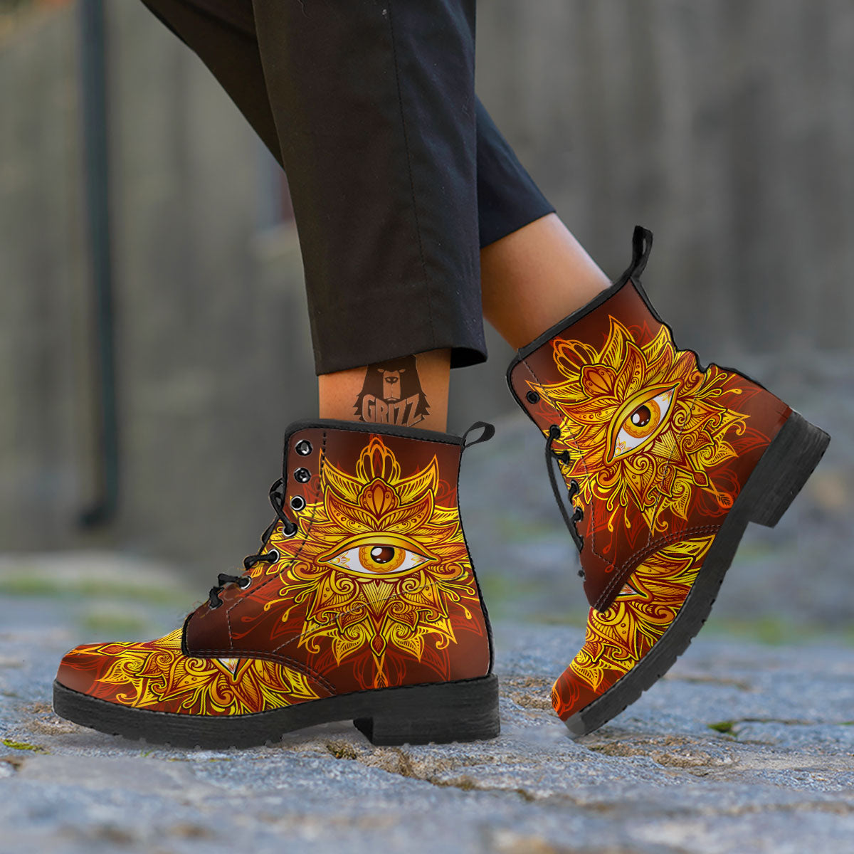 All Seeing Eye Gold Print Leather Boots-grizzshop