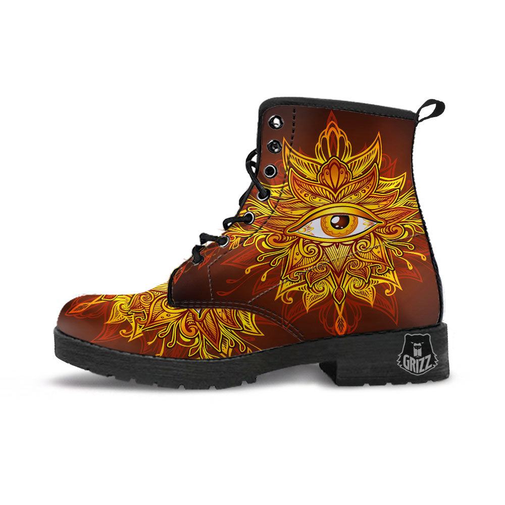 All Seeing Eye Gold Print Leather Boots-grizzshop