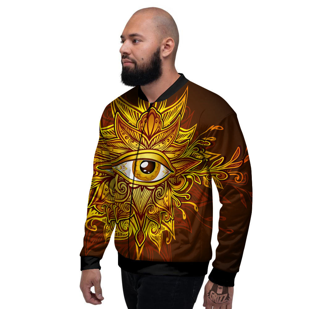All Seeing Eye Gold Print Men's Bomber Jacket-grizzshop