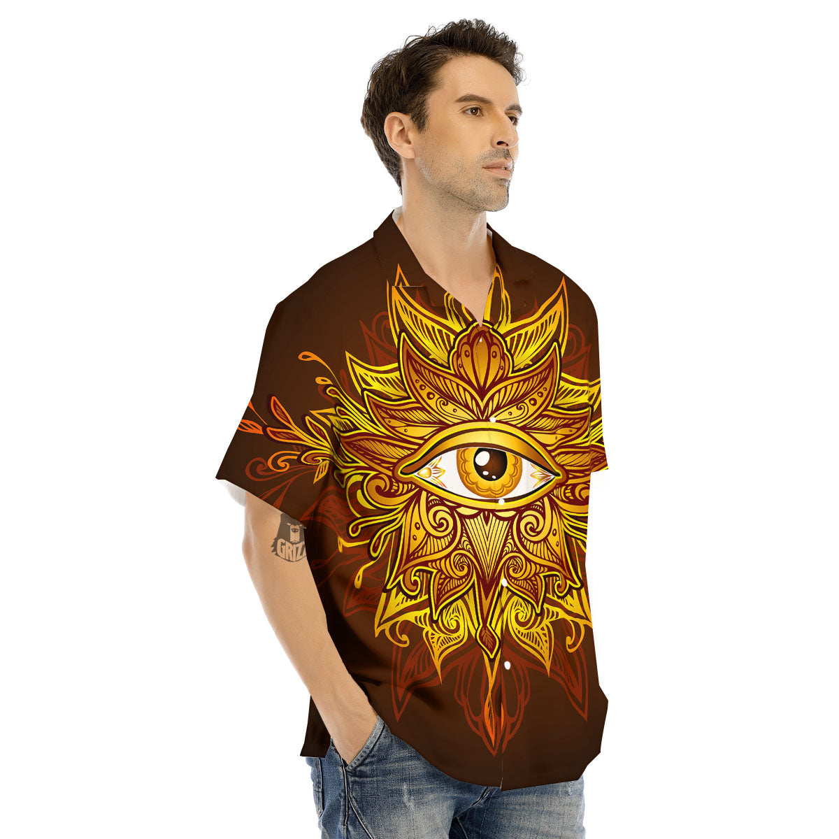 All Seeing Eye Gold Print Men's Hawaiian Shirt-grizzshop