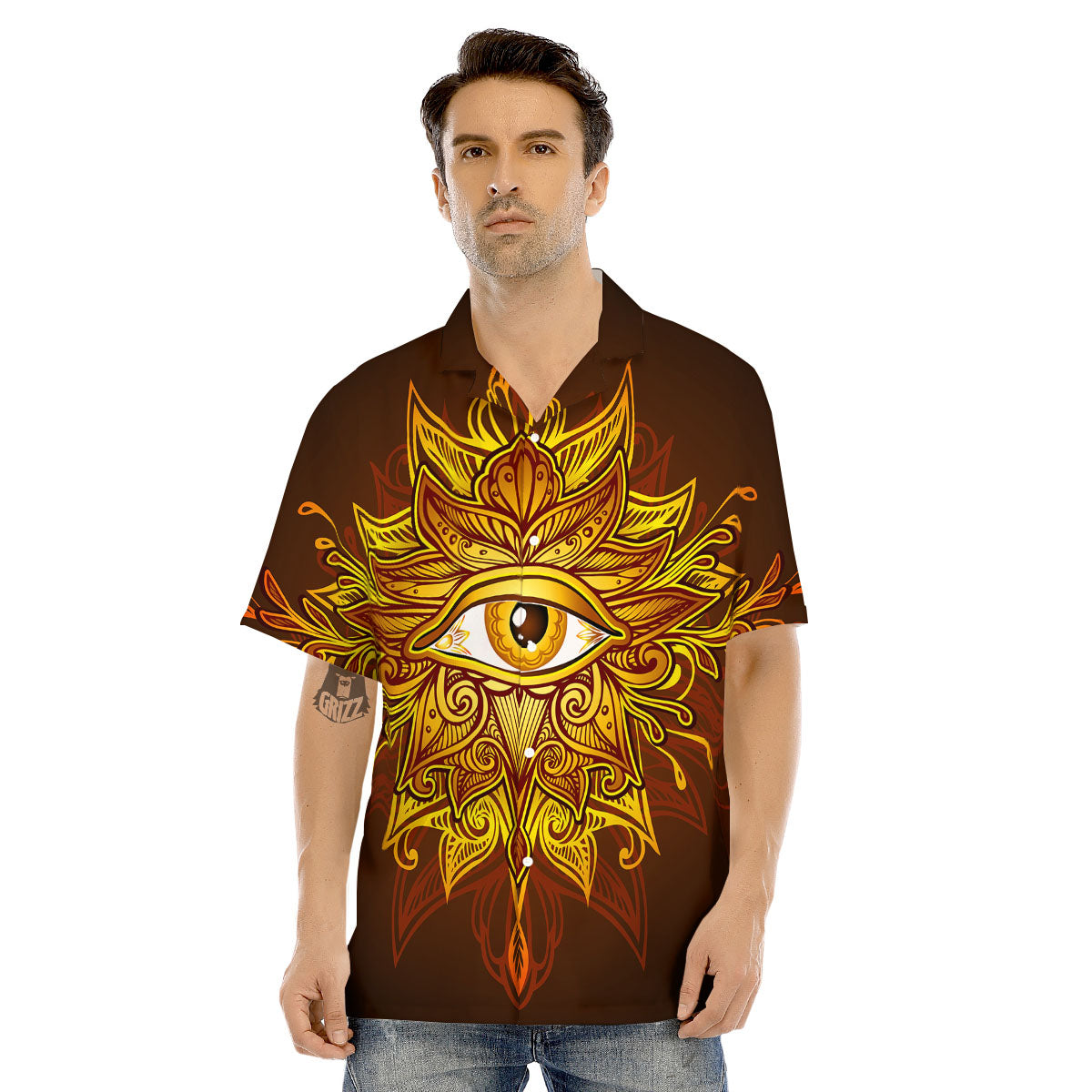 All Seeing Eye Gold Print Men's Hawaiian Shirt-grizzshop