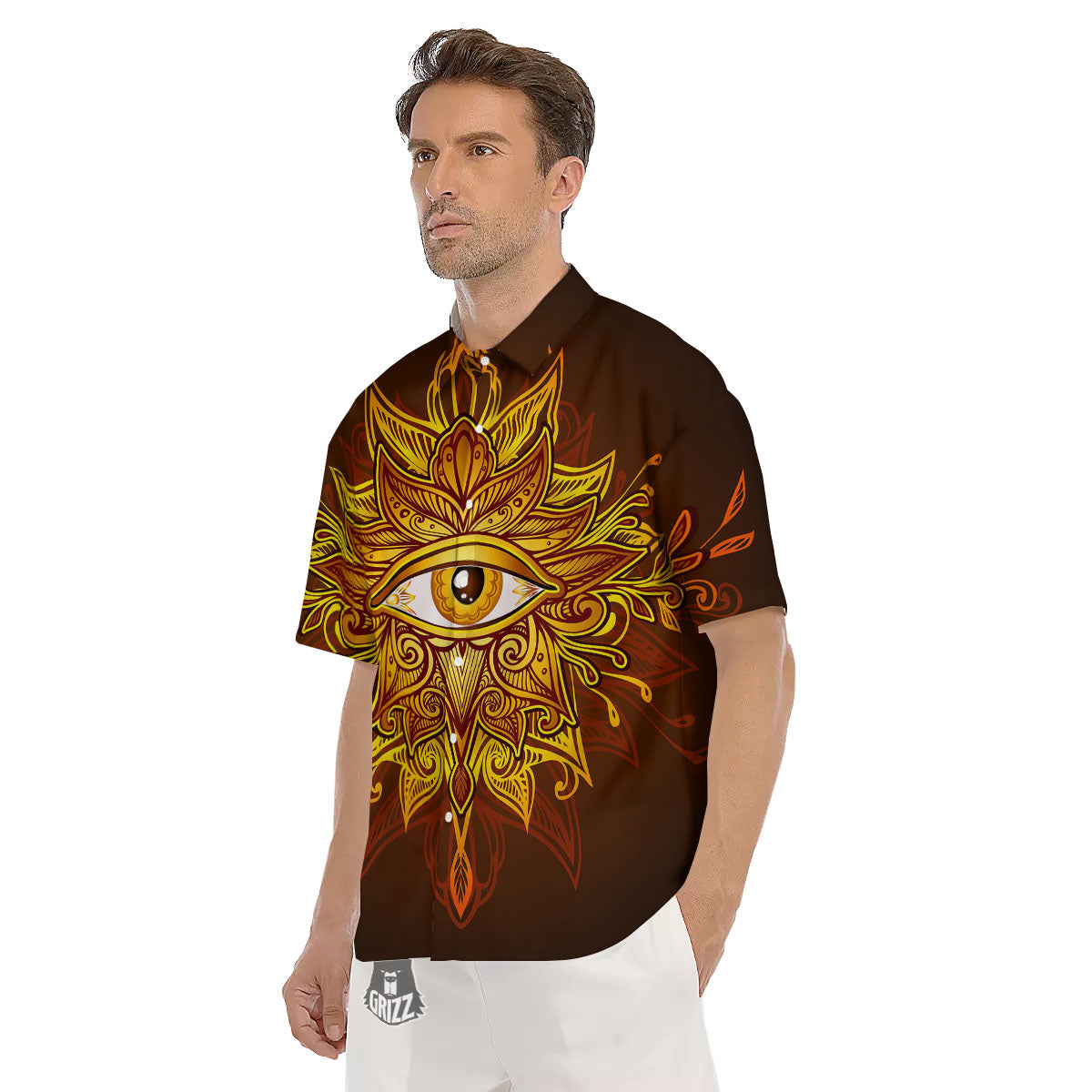 All Seeing Eye Gold Print Men's Short Sleeve Shirts-grizzshop