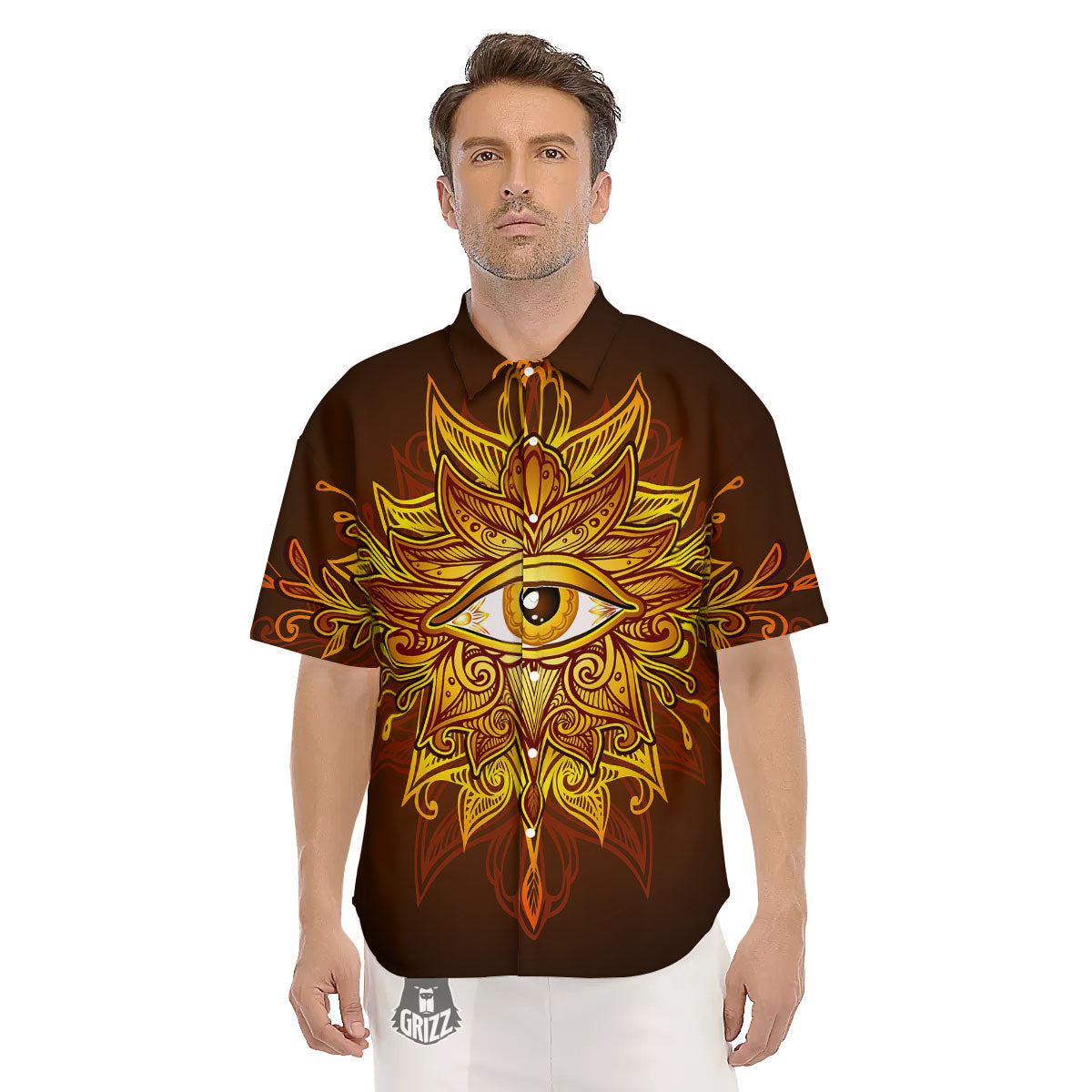 All Seeing Eye Gold Print Men's Short Sleeve Shirts-grizzshop