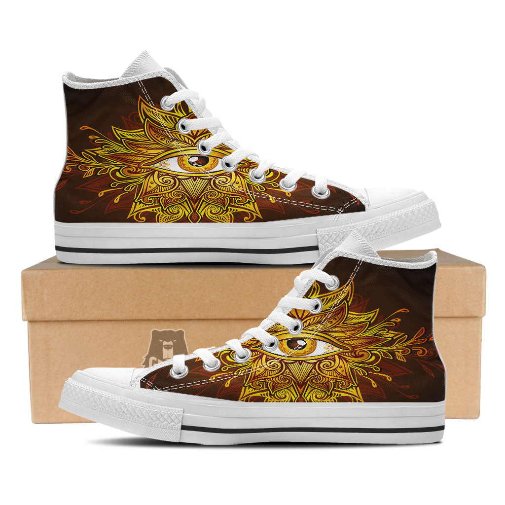 All Seeing Eye Gold Print White High Top Shoes-grizzshop