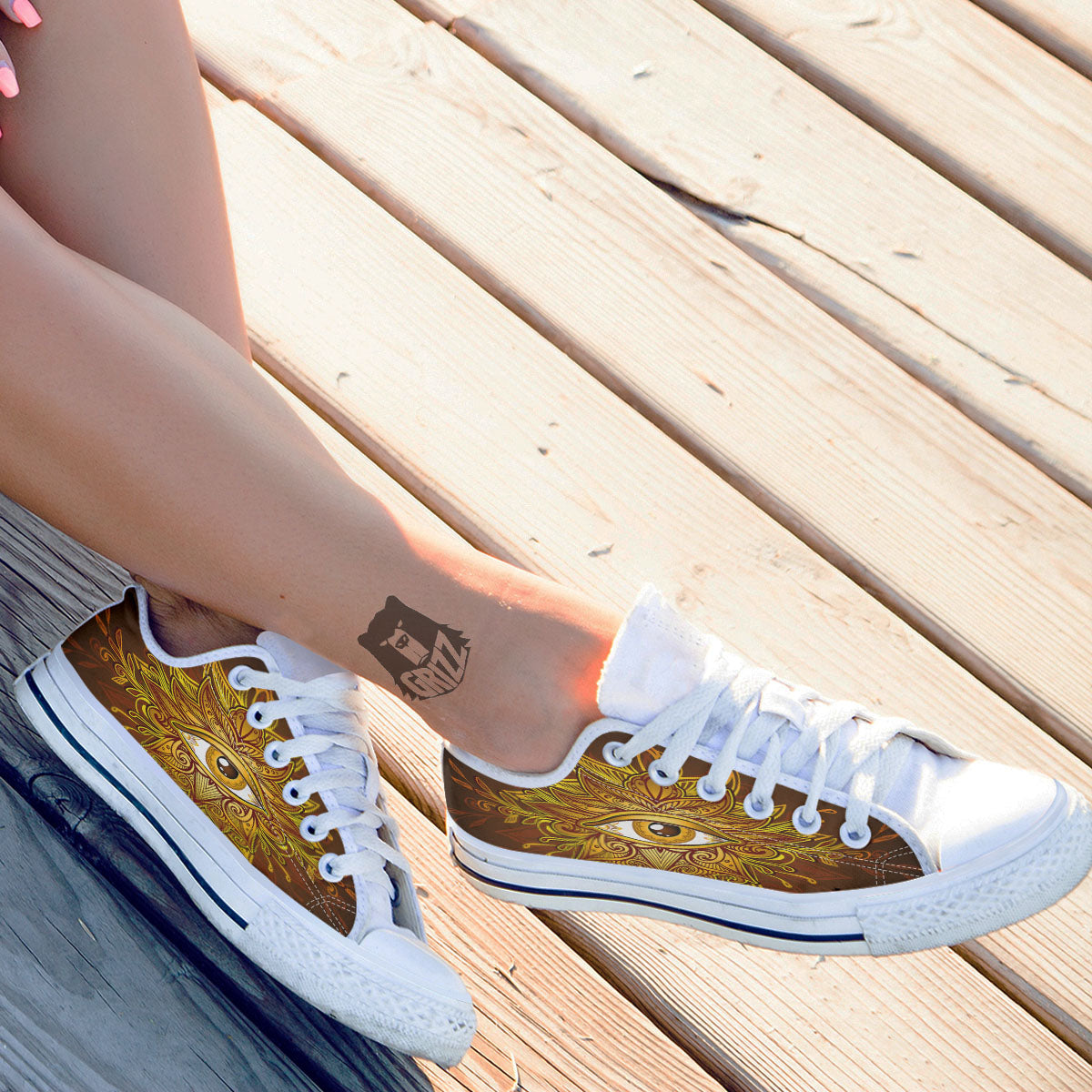 All Seeing Eye Gold Print White Low Top Shoes-grizzshop