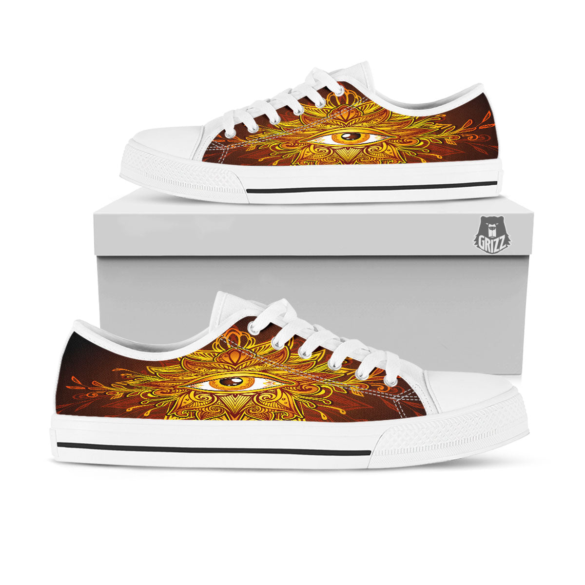 All Seeing Eye Gold Print White Low Top Shoes-grizzshop