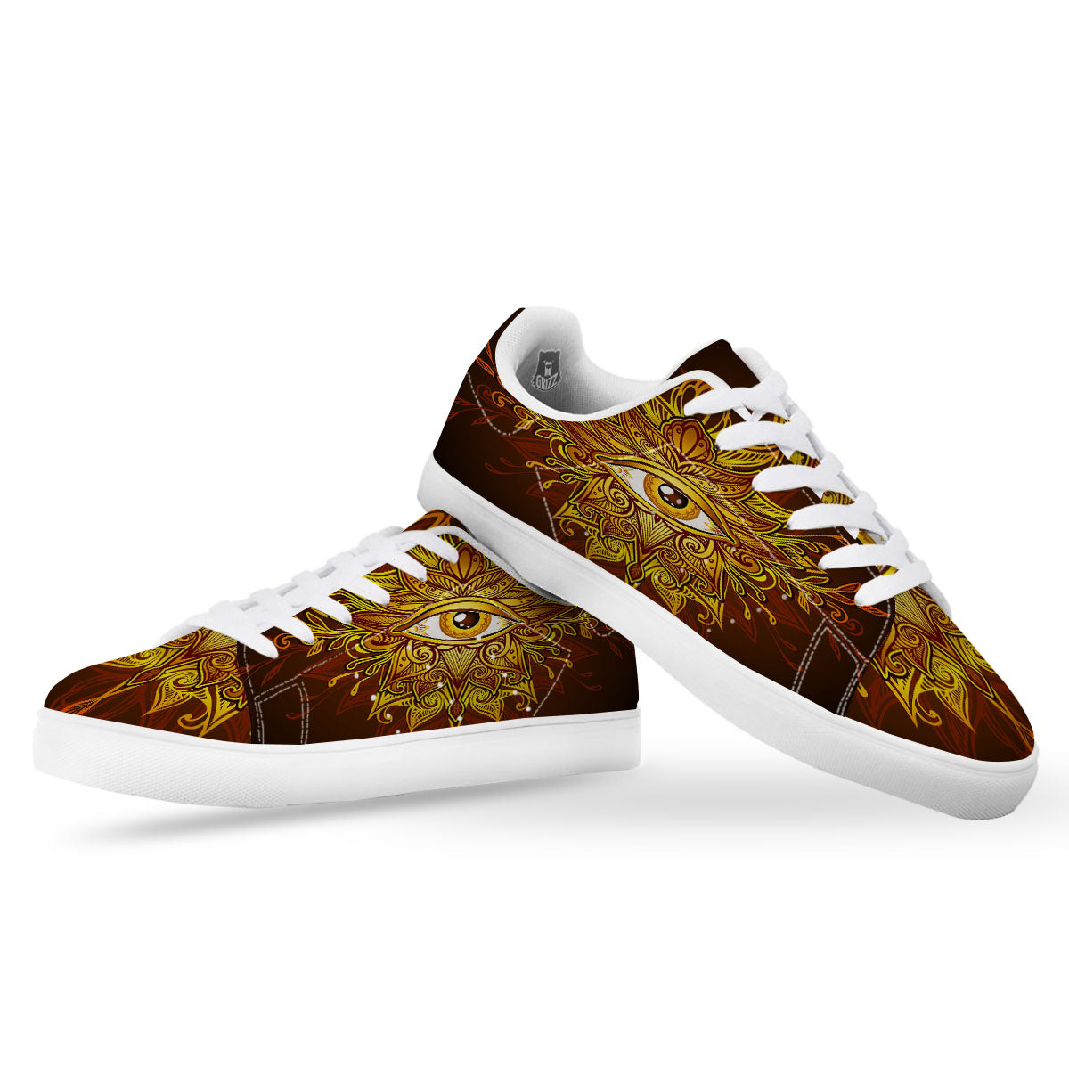 All Seeing Eye Gold Print White Low Top Sneakers-grizzshop