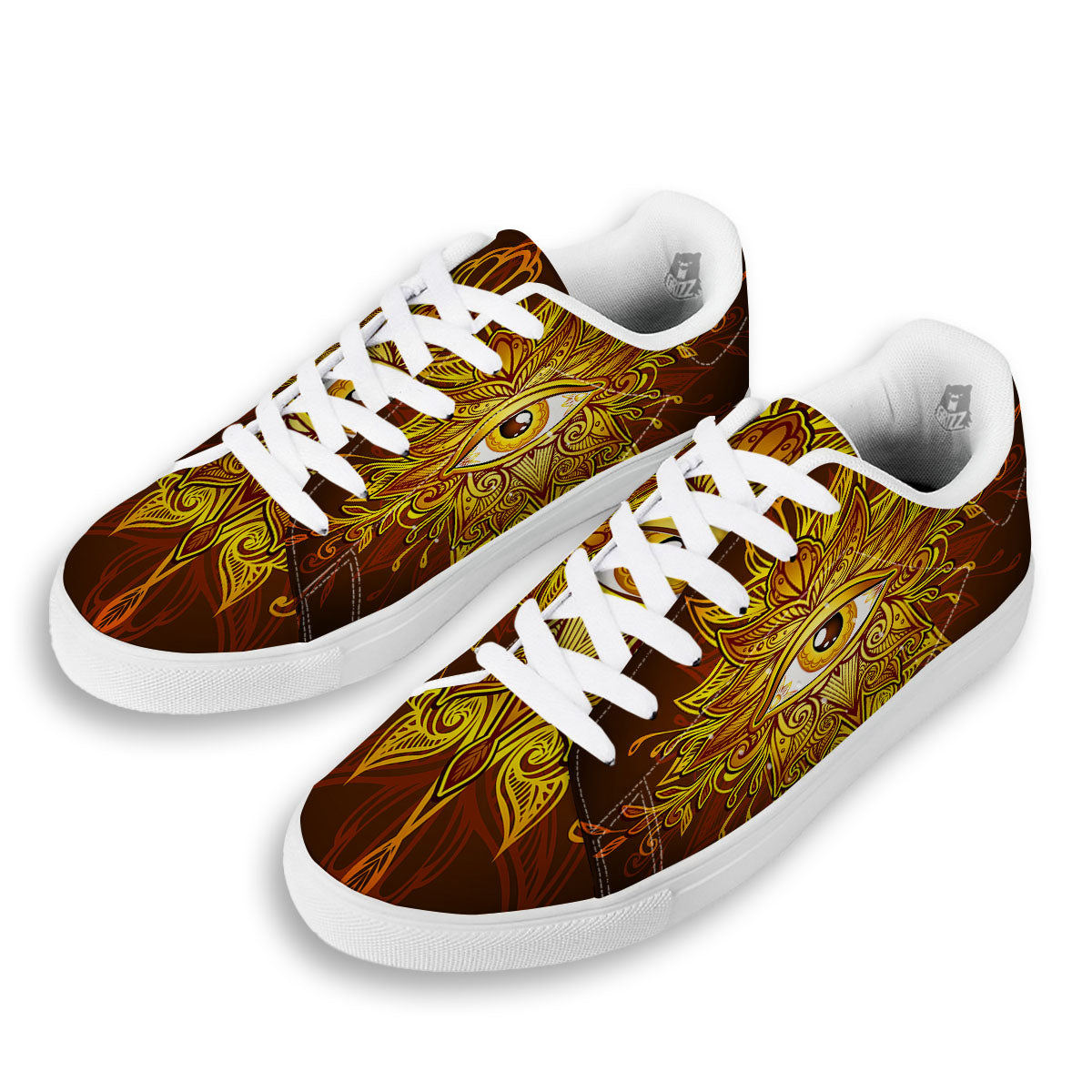 All Seeing Eye Gold Print White Low Top Sneakers-grizzshop
