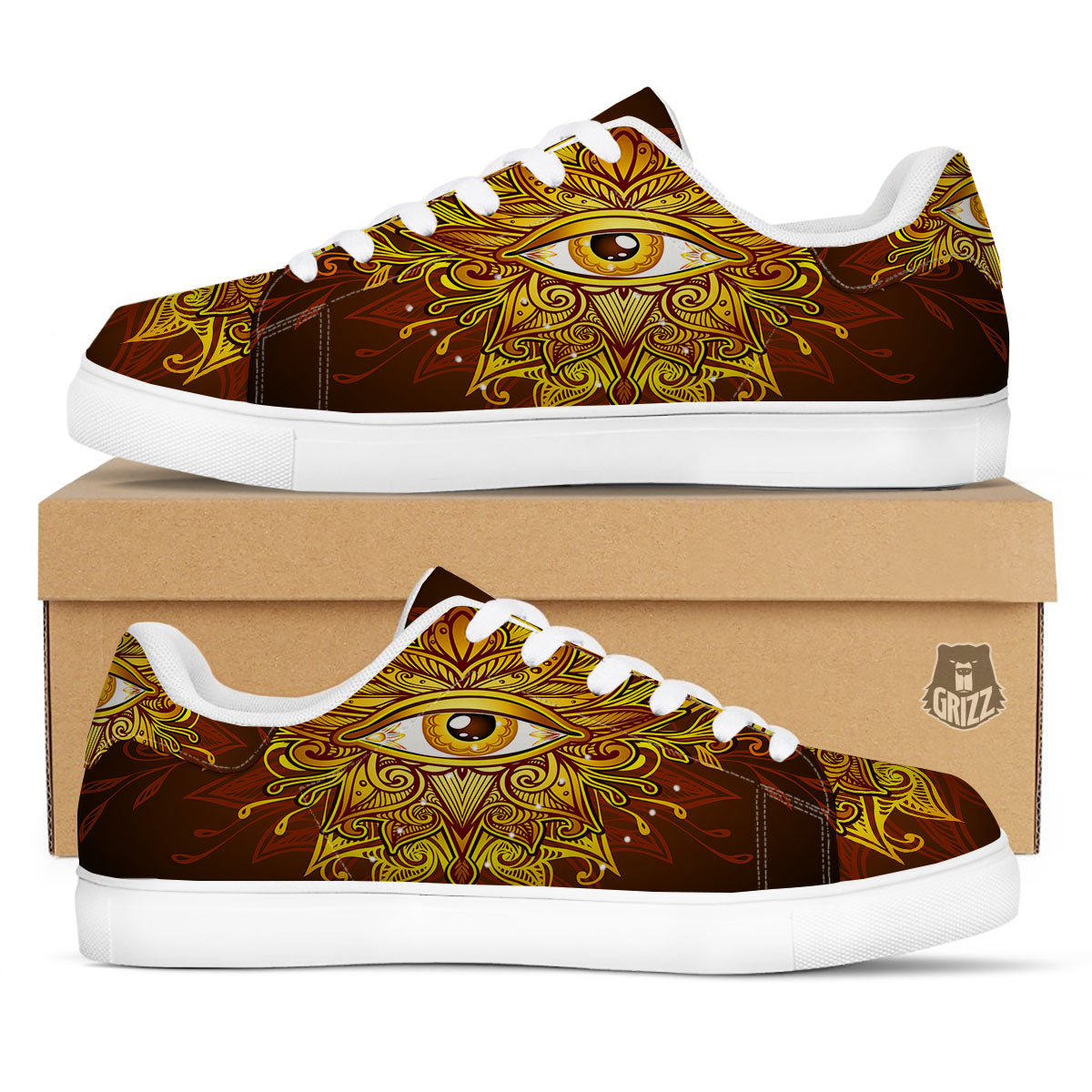 All Seeing Eye Gold Print White Low Top Sneakers-grizzshop