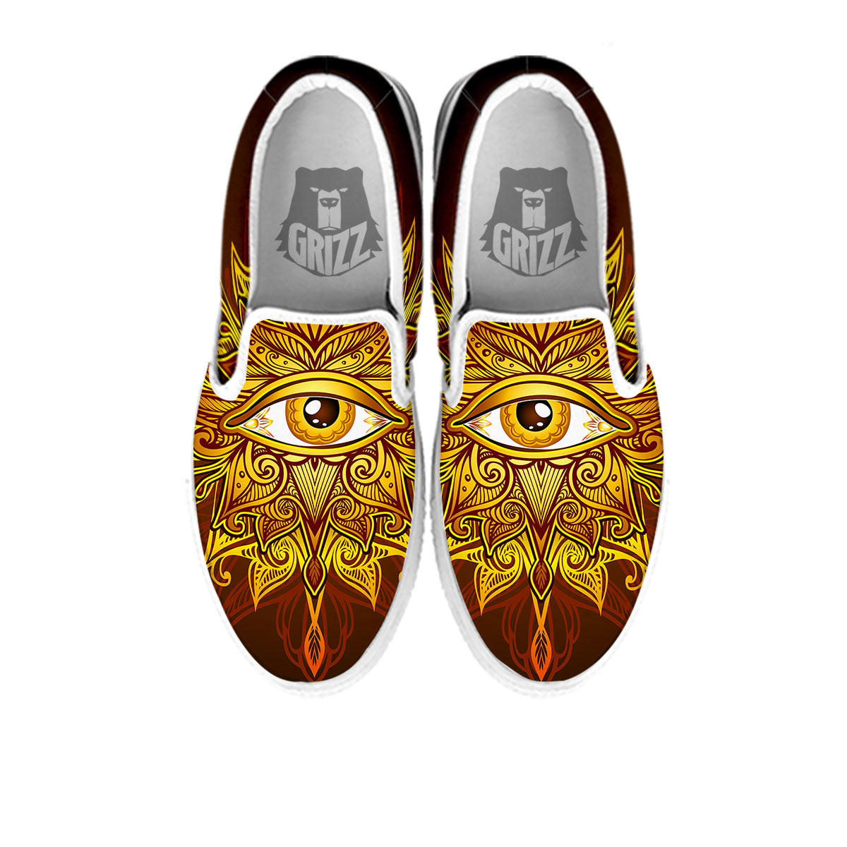 All Seeing Eye Gold Print White Slip On Shoes-grizzshop