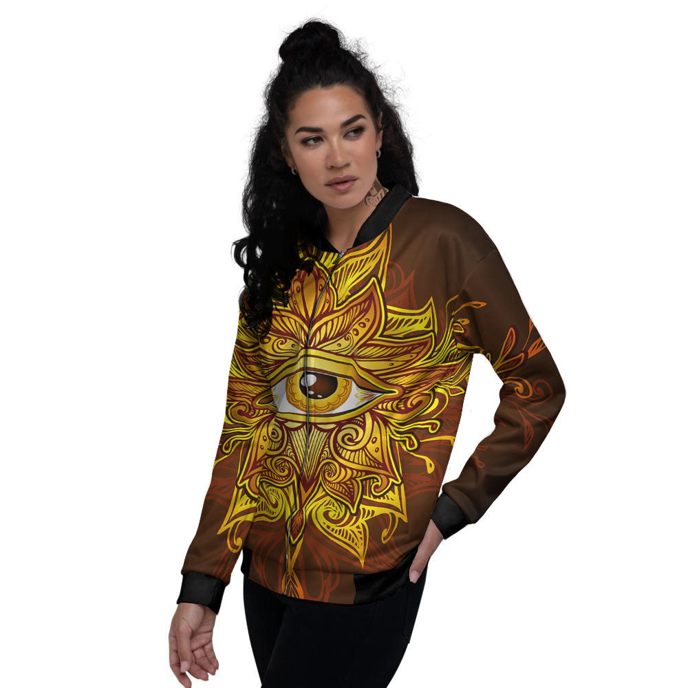 All Seeing Eye Gold Print Women's Bomber Jacket-grizzshop