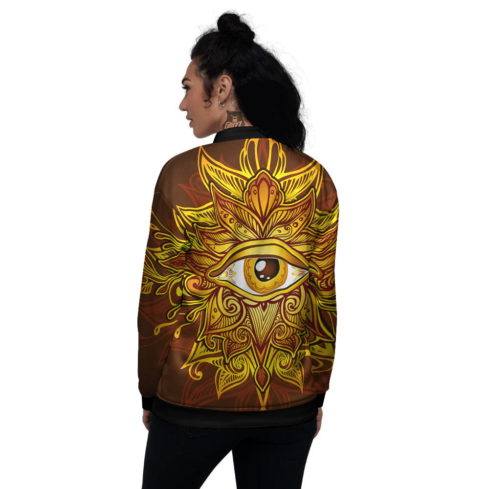 All Seeing Eye Gold Print Women's Bomber Jacket-grizzshop