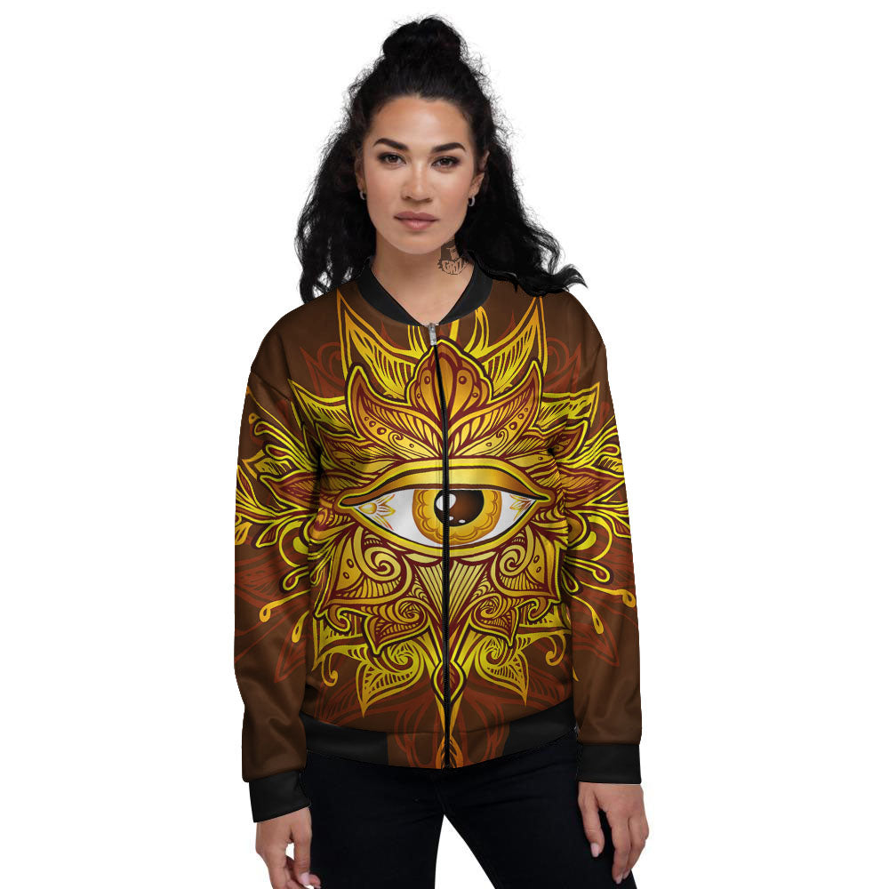 All Seeing Eye Gold Print Women's Bomber Jacket-grizzshop