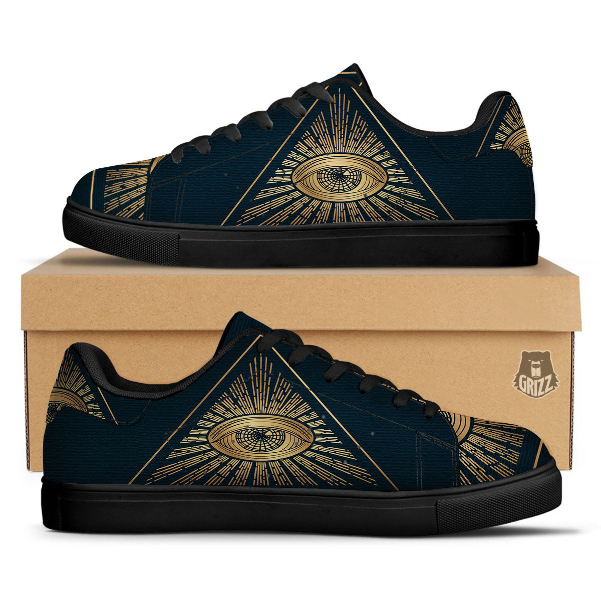 All Seeing Eye Masonic Print Black Low Top Sneakers-grizzshop