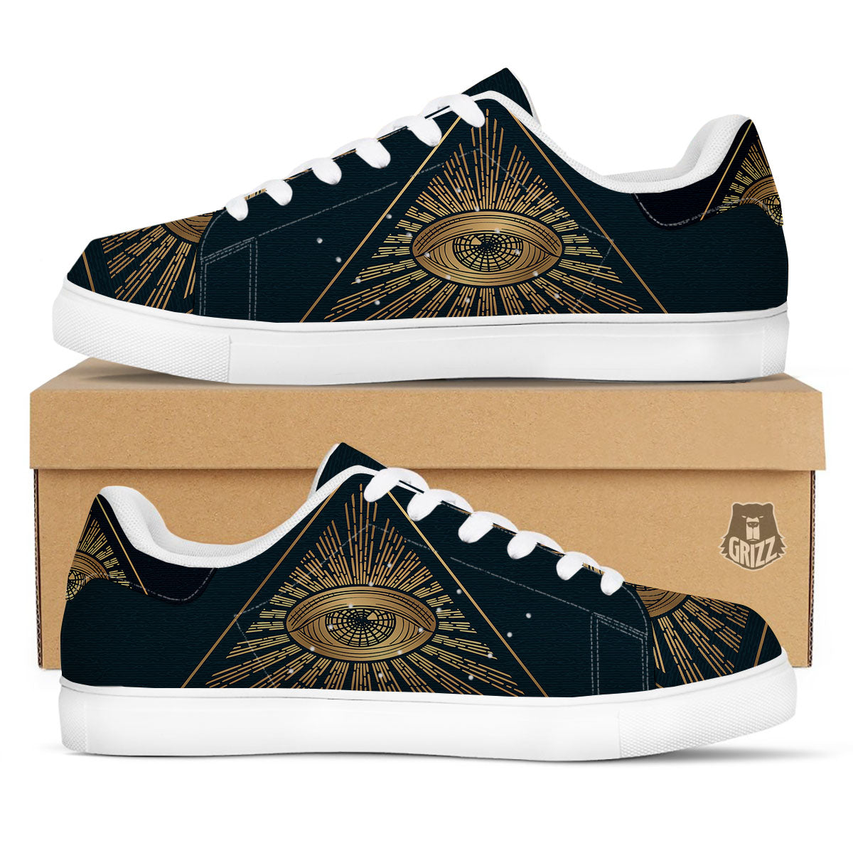 All Seeing Eye Masonic Print White Low Top Sneakers-grizzshop