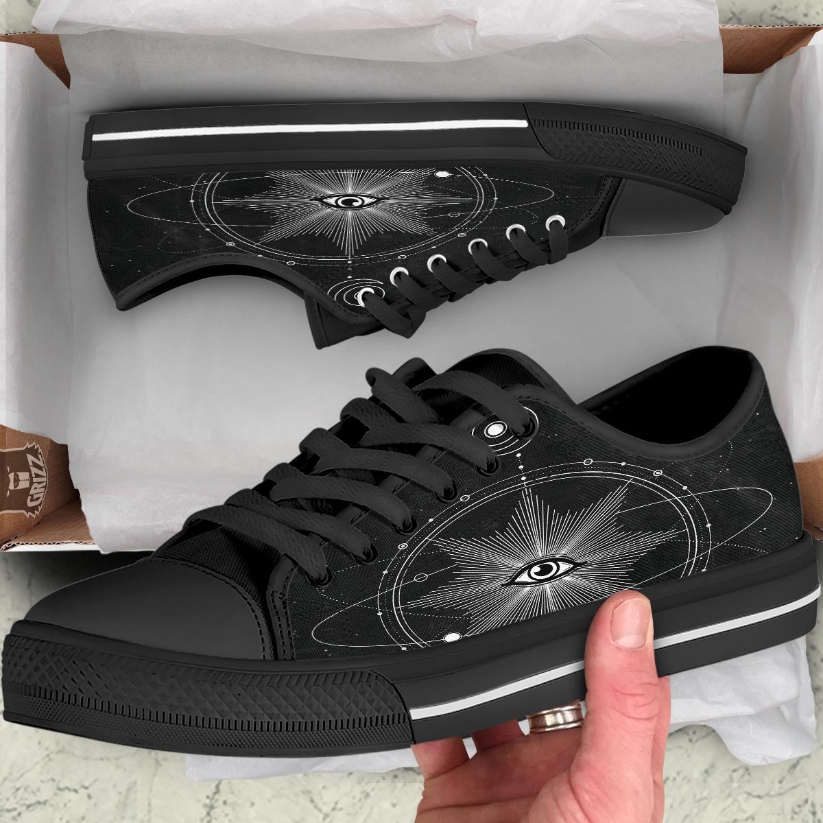 All Seeing Eye Sun Print Black Low Top Shoes-grizzshop