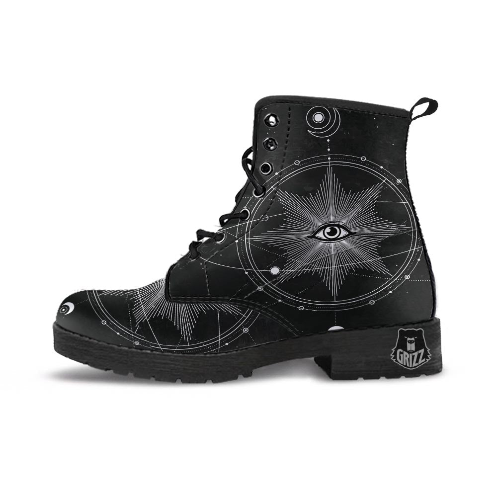 All Seeing Eye Sun Print Leather Boots-grizzshop