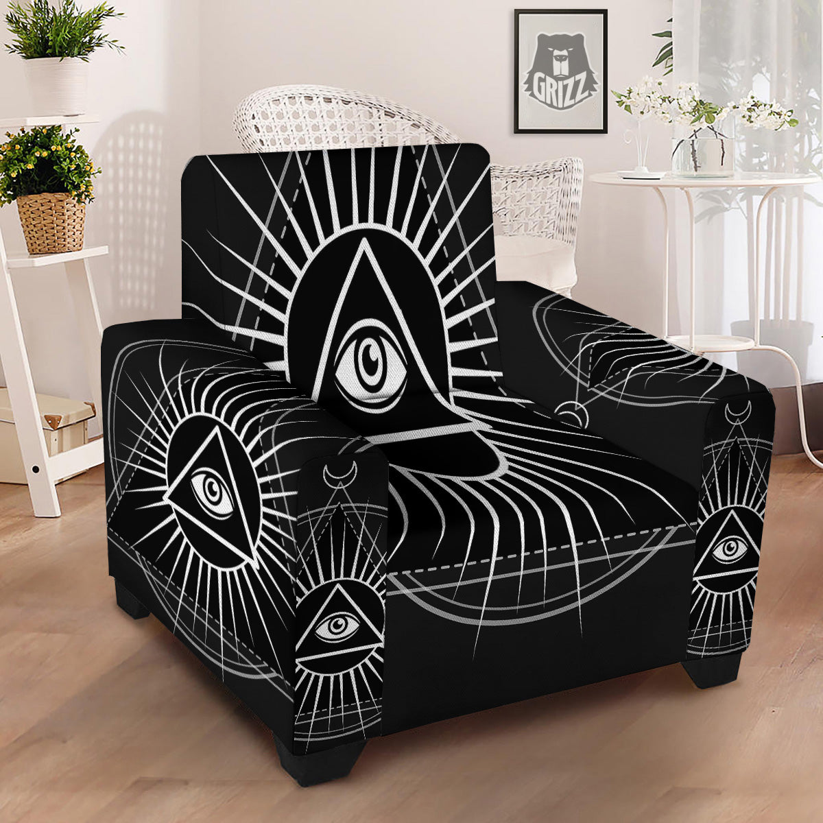 All Seeing Eye White And Black Print Armchair Slipcover-grizzshop