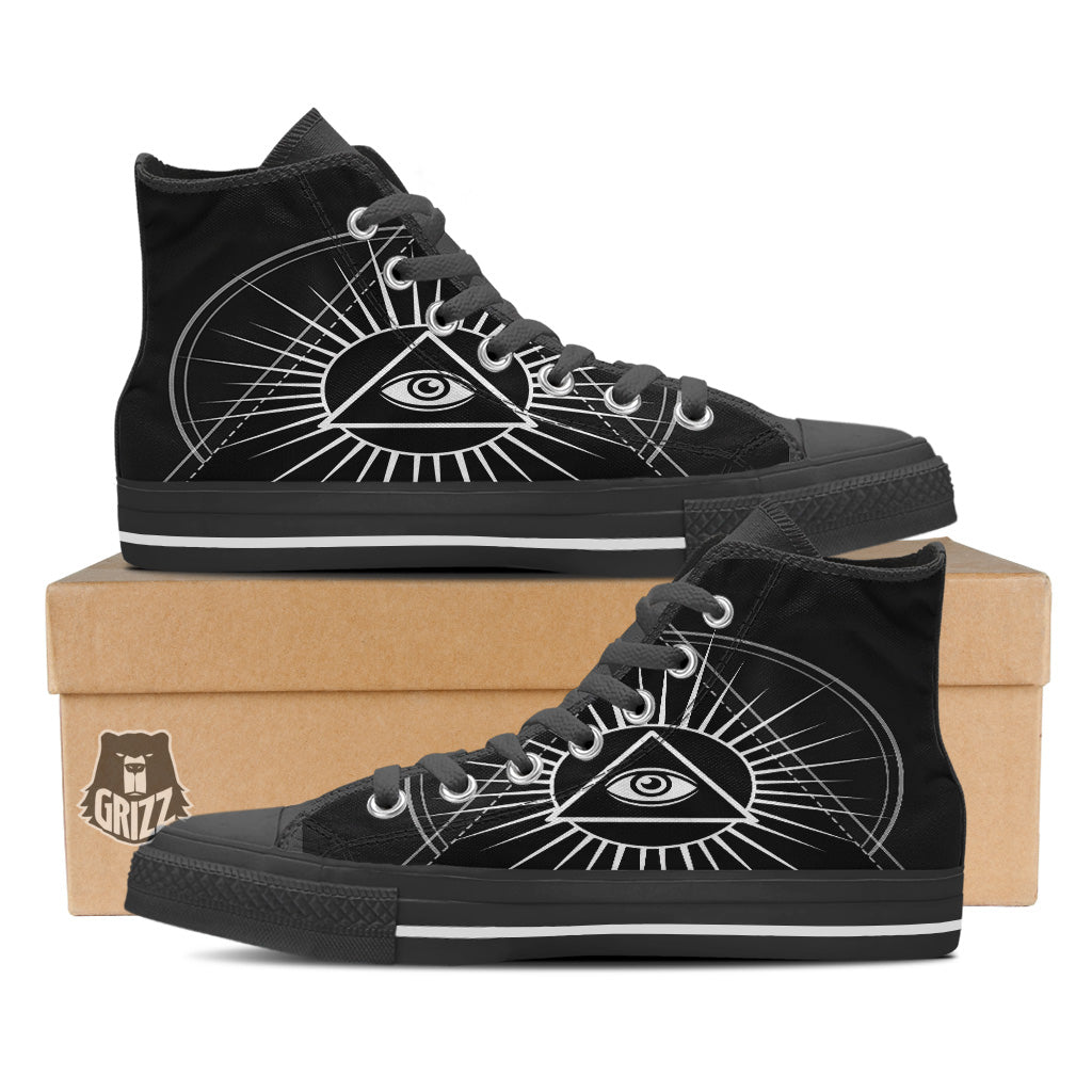 All Seeing Eye White And Black Print Black High Top Shoes-grizzshop