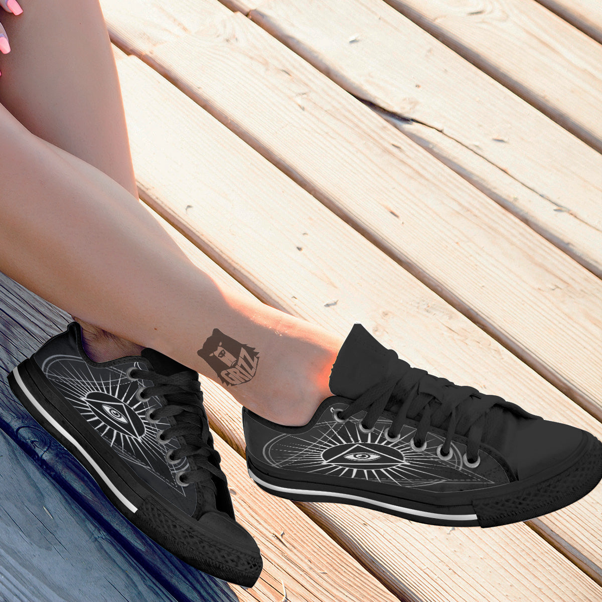 All Seeing Eye White And Black Print Black Low Top Shoes-grizzshop