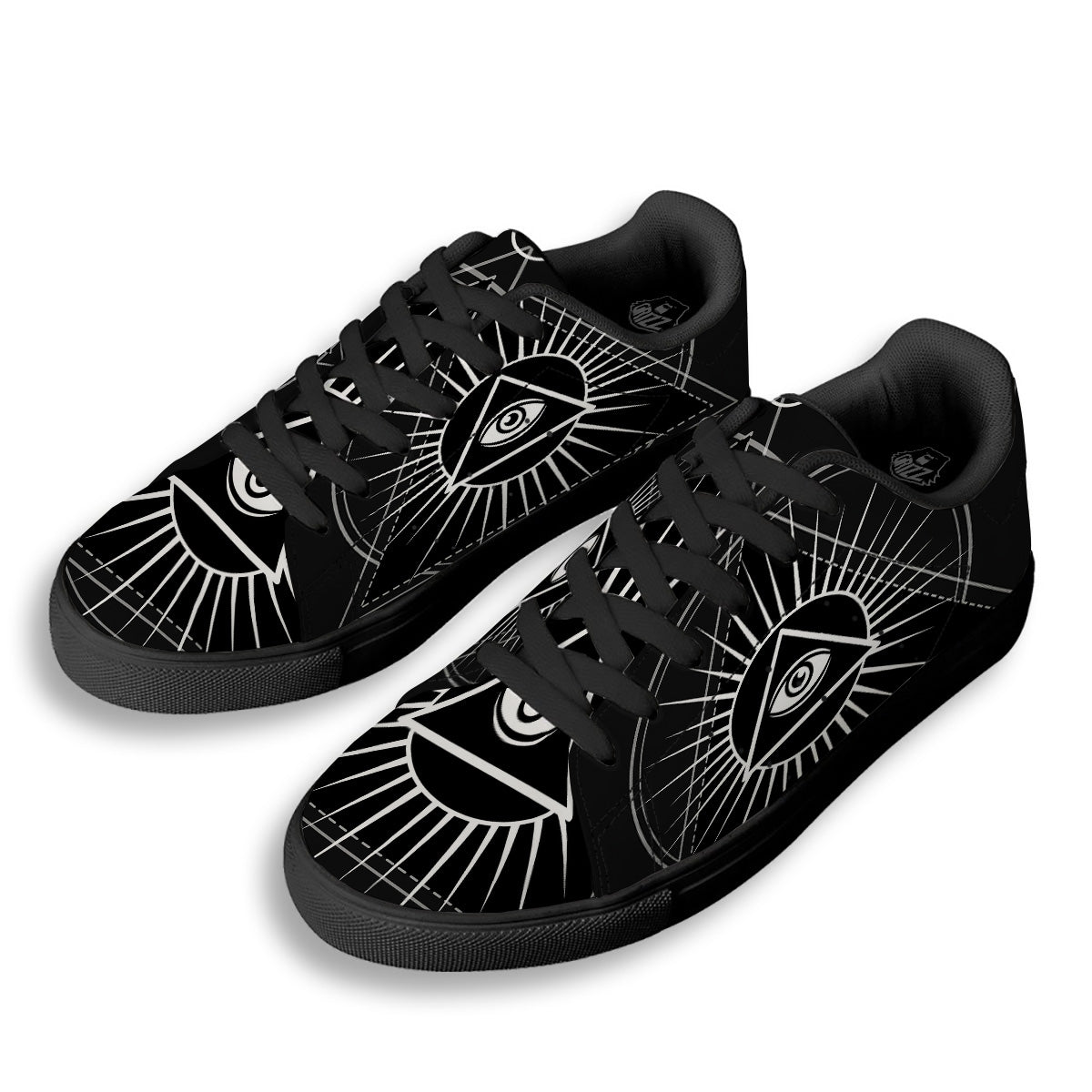 All Seeing Eye White And Black Print Black Low Top Sneakers-grizzshop