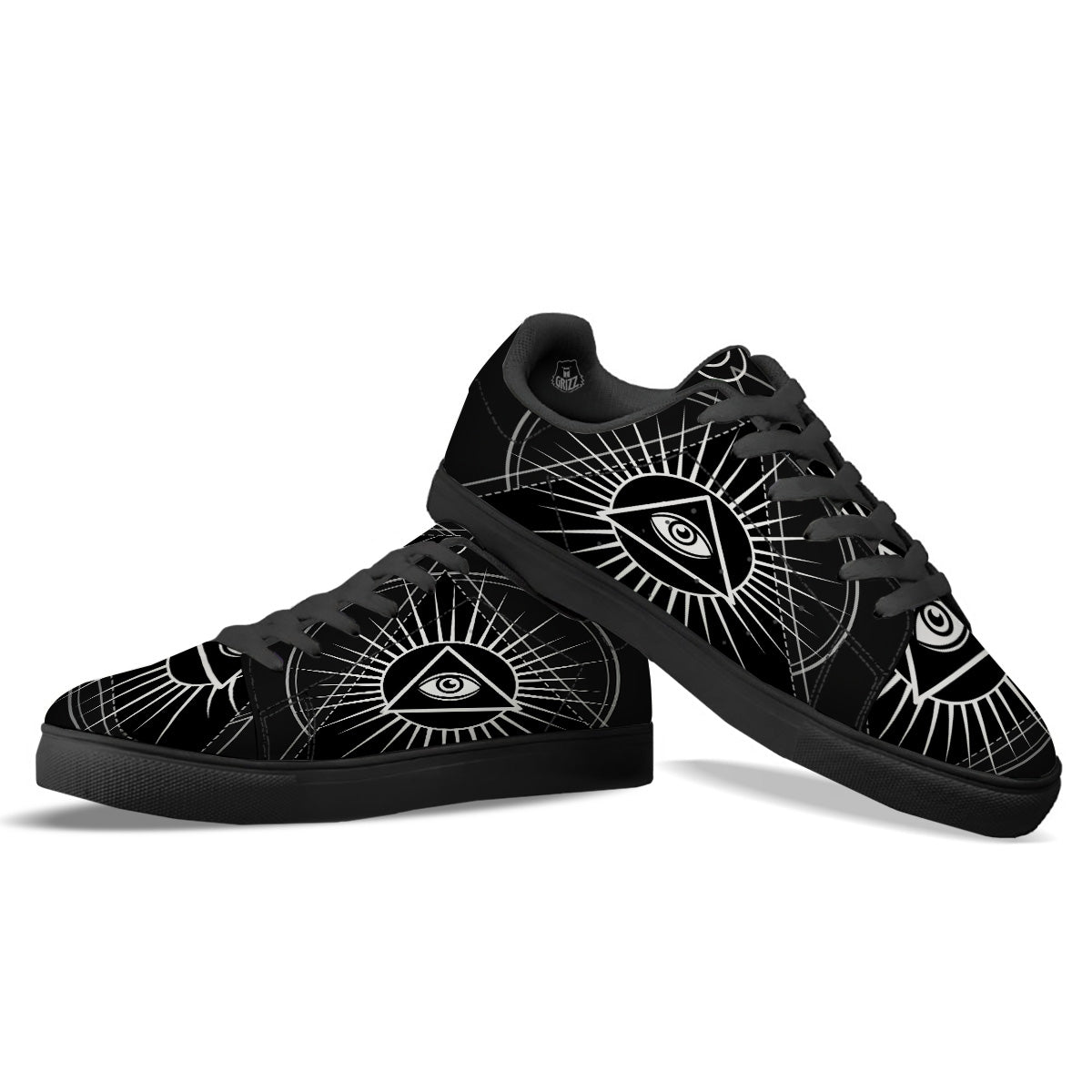 All Seeing Eye White And Black Print Black Low Top Sneakers-grizzshop