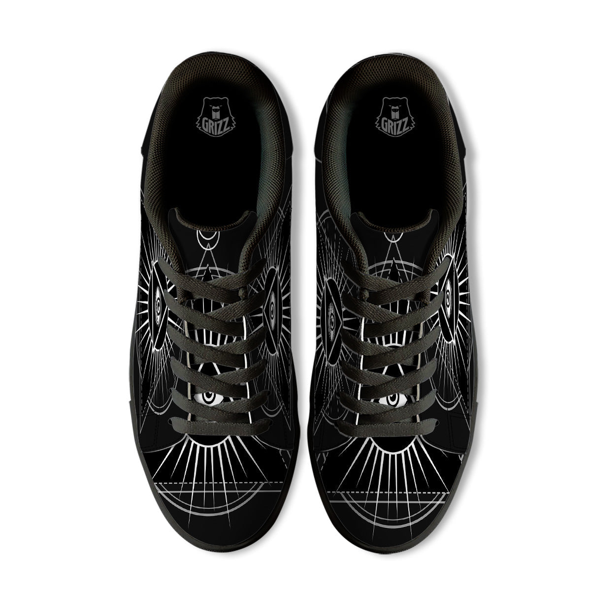 All Seeing Eye White And Black Print Black Low Top Sneakers-grizzshop