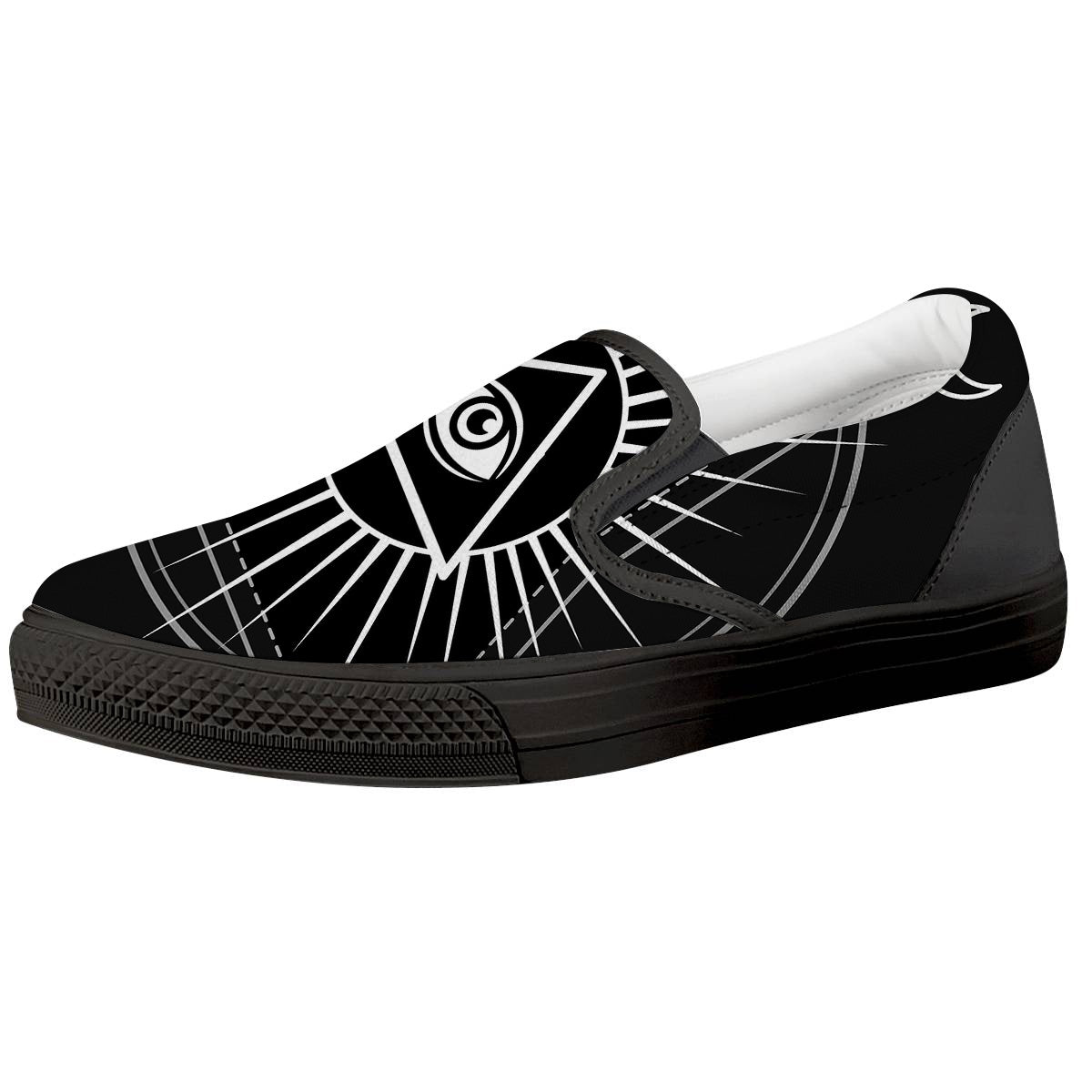 All Seeing Eye White And Black Print Black Slip On Shoes-grizzshop