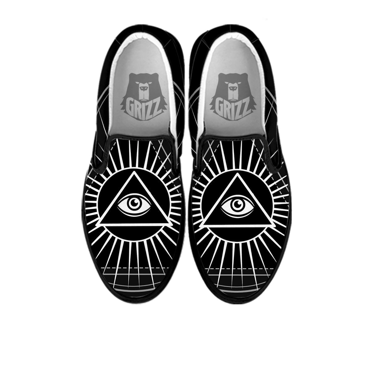 All Seeing Eye White And Black Print Black Slip On Shoes-grizzshop