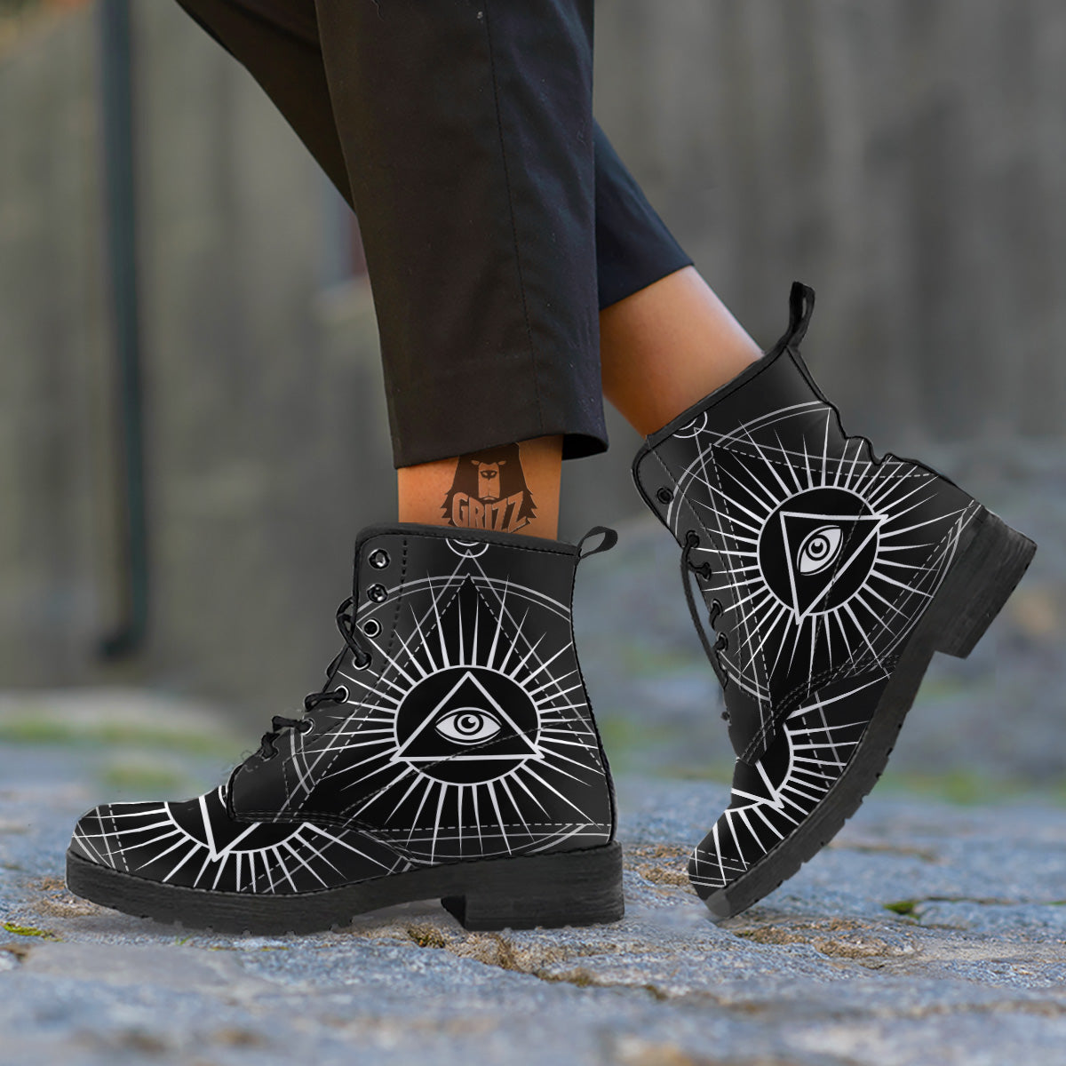 All Seeing Eye White And Black Print Leather Boots-grizzshop