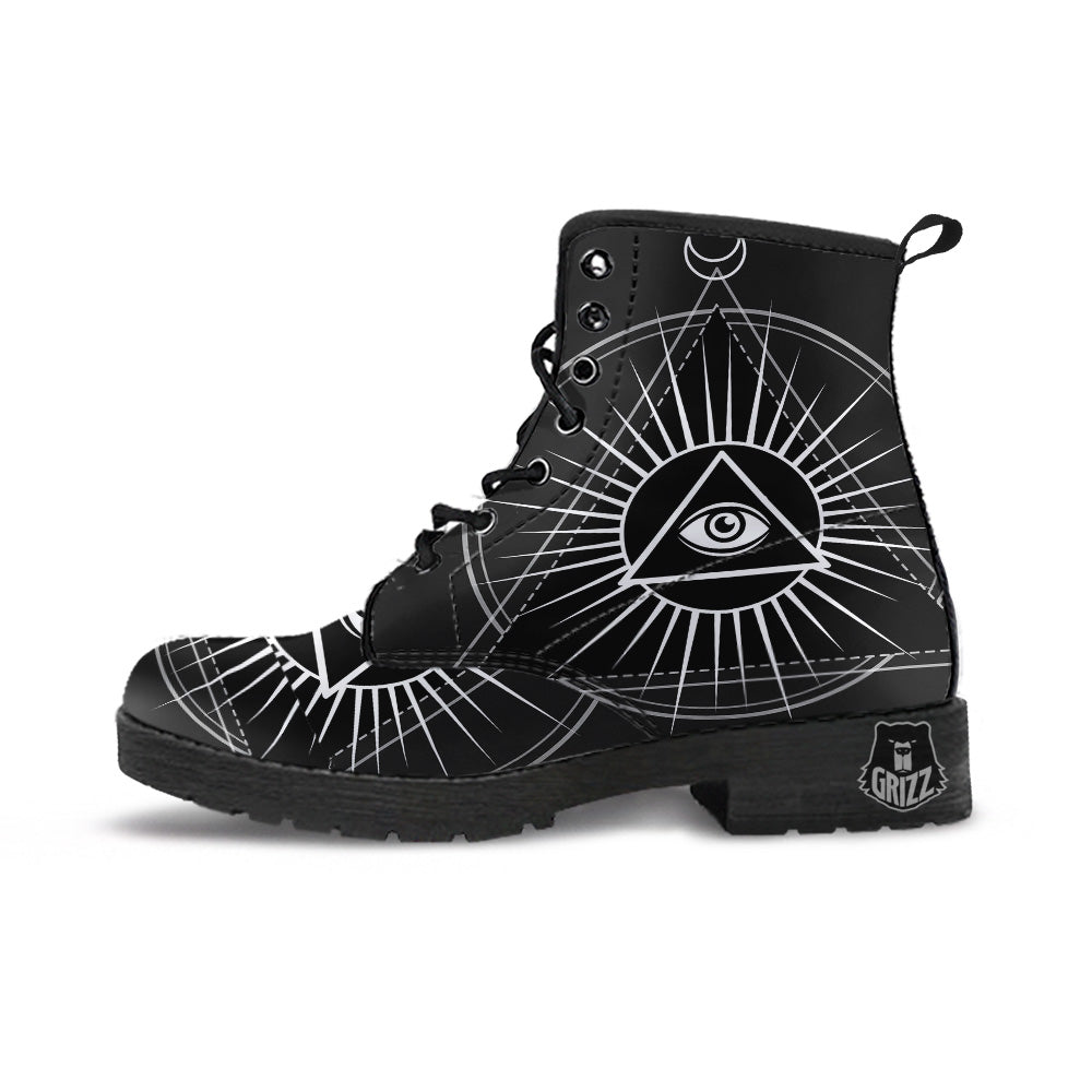 All Seeing Eye White And Black Print Leather Boots-grizzshop